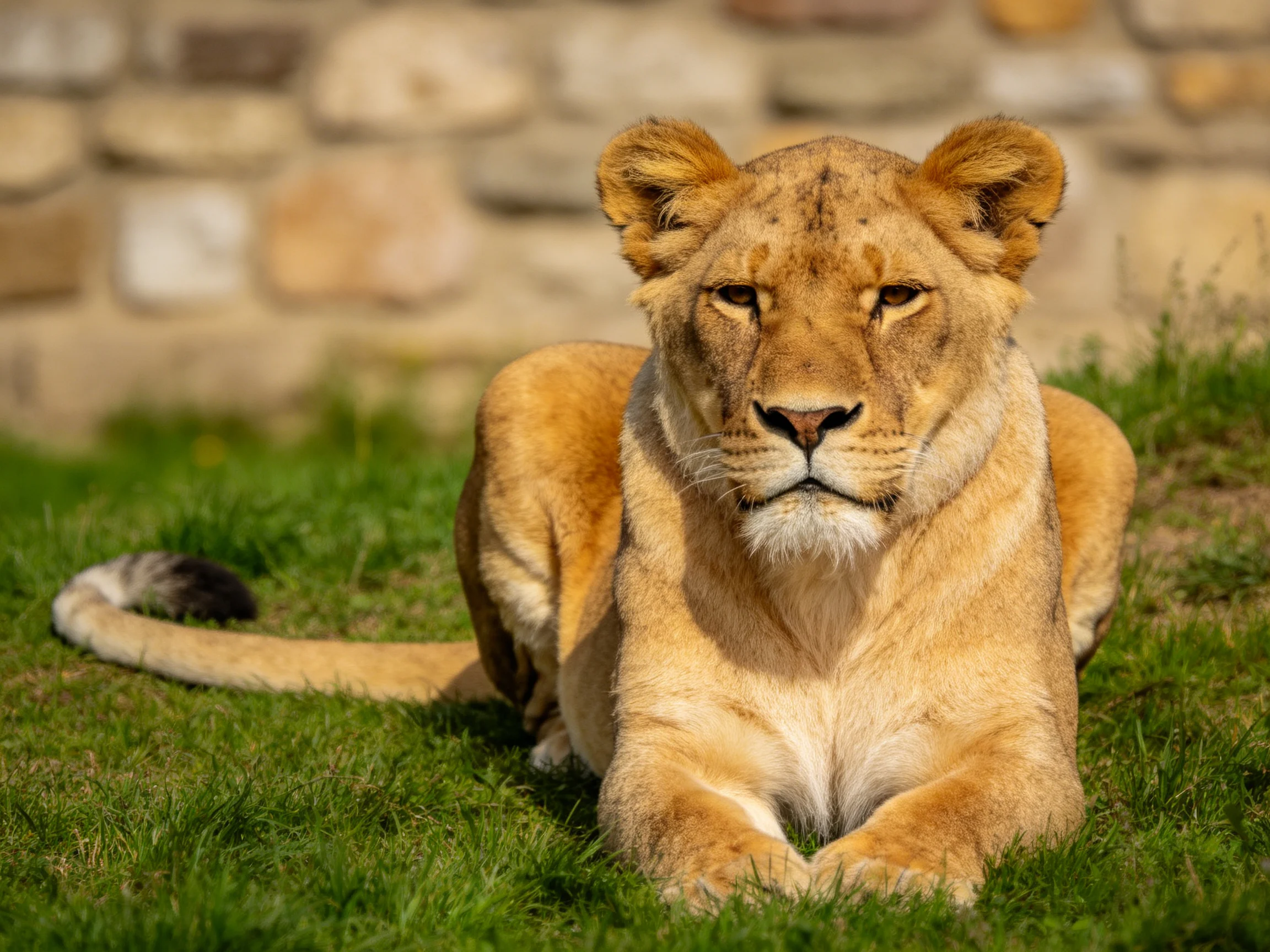 A tawny lioness rests on lush green grass near a stone wall