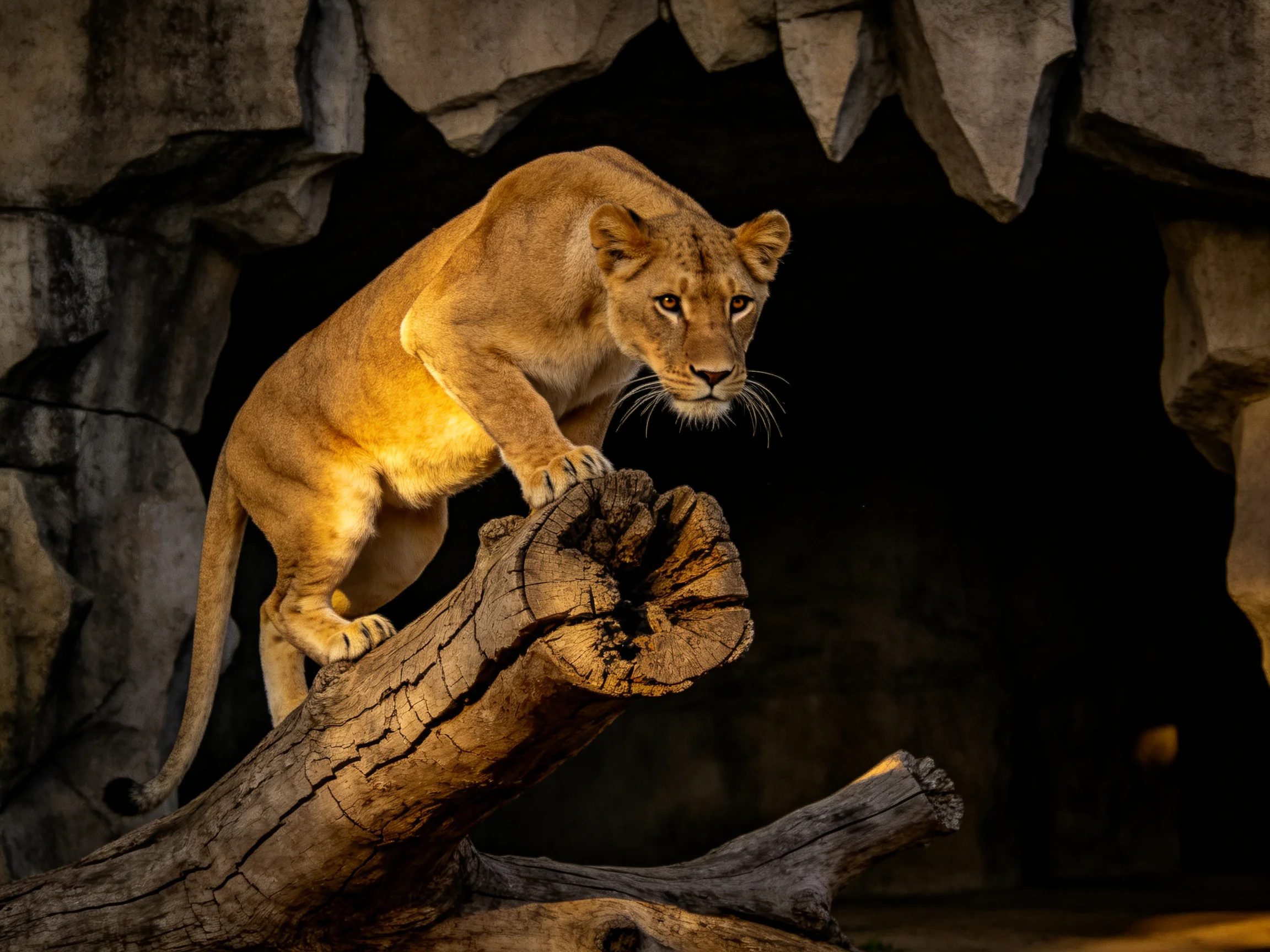 A tawny lioness stands atop a gnarled wooden log beside a rocky cave entrance.