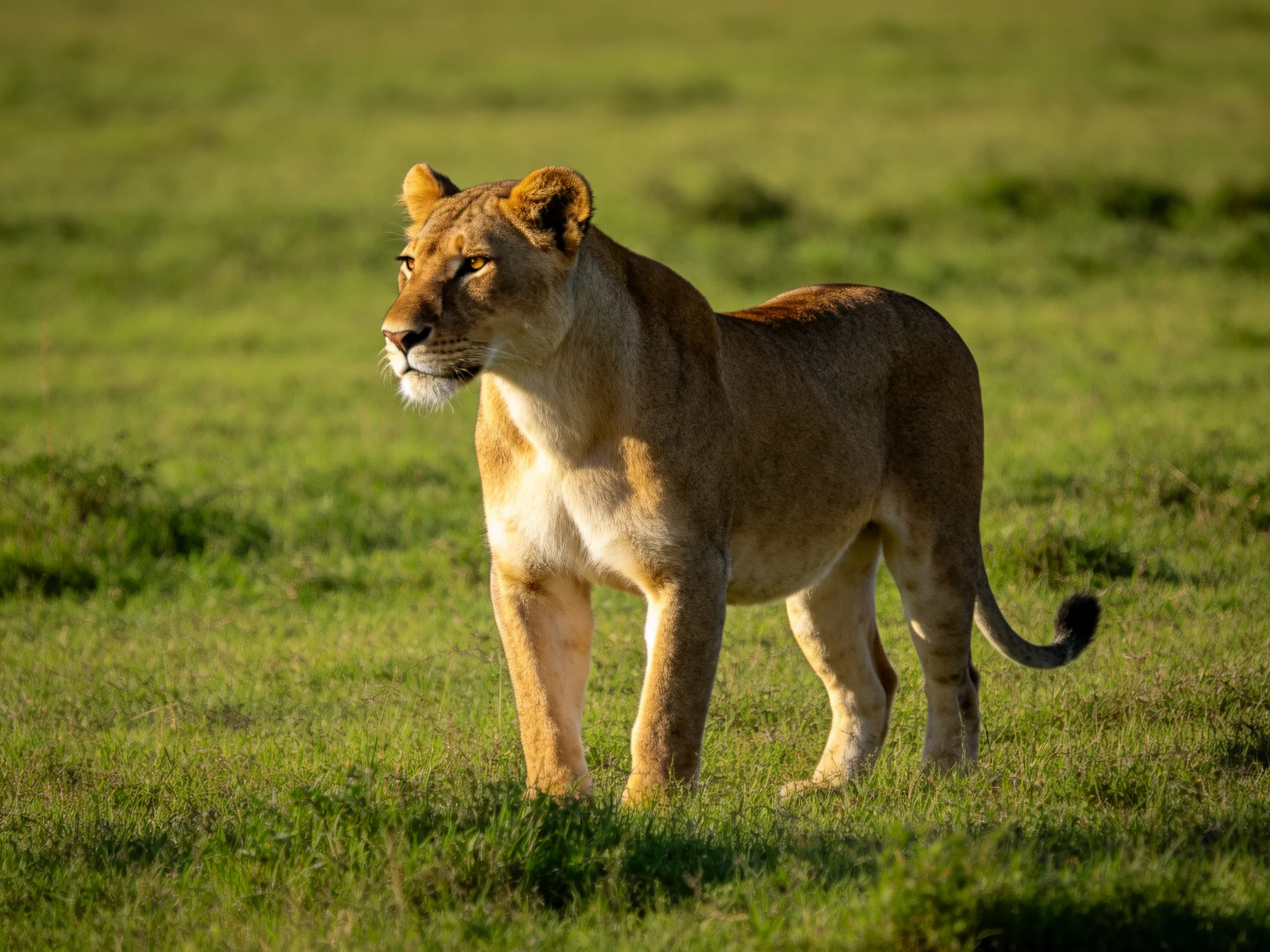 A tawny lioness stands in expansive green savannah