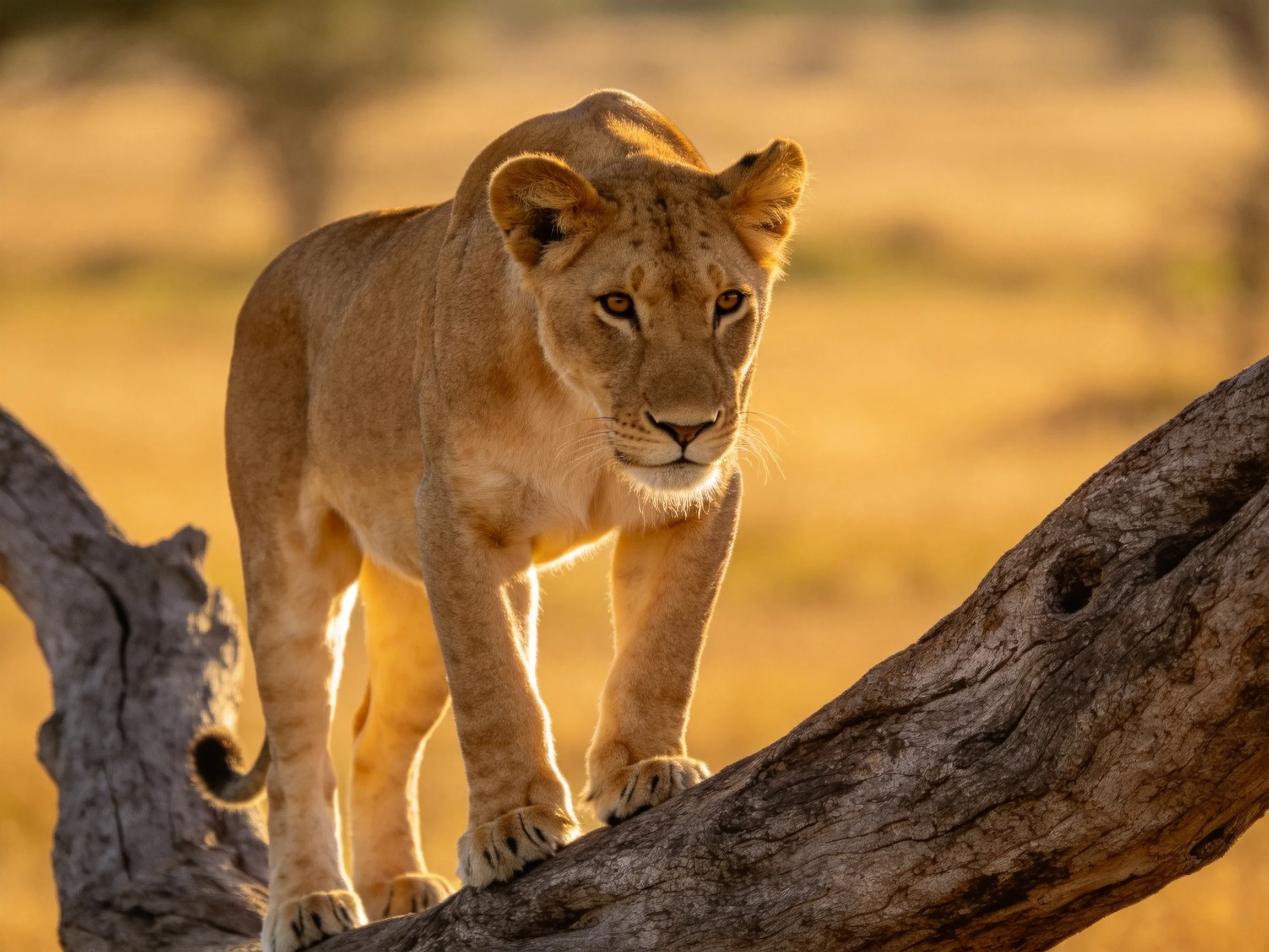A tawny lioness stands on a gnarled tree branch in golden savannah