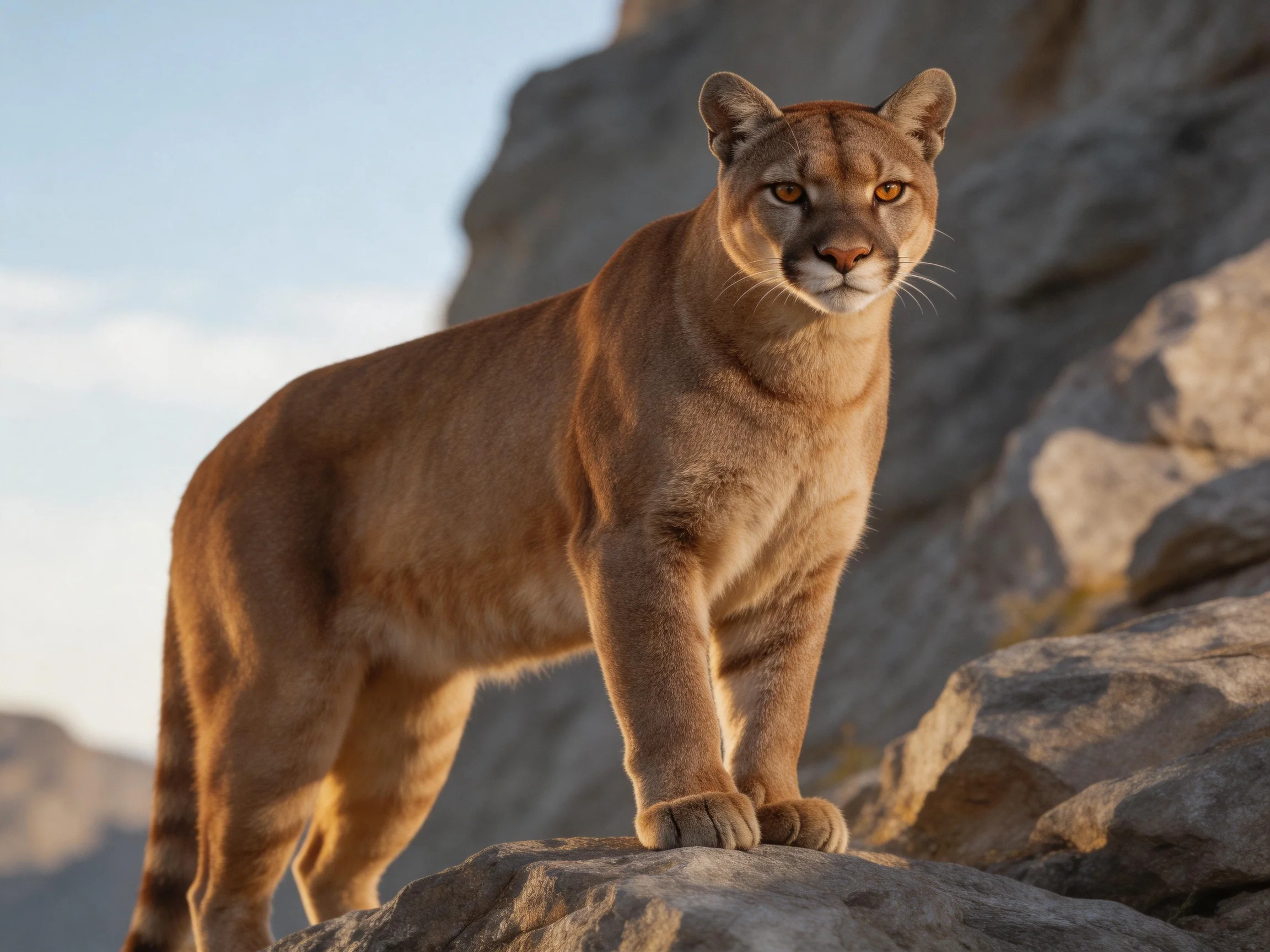 A tawny mountain lion stands alert on rocky terrain