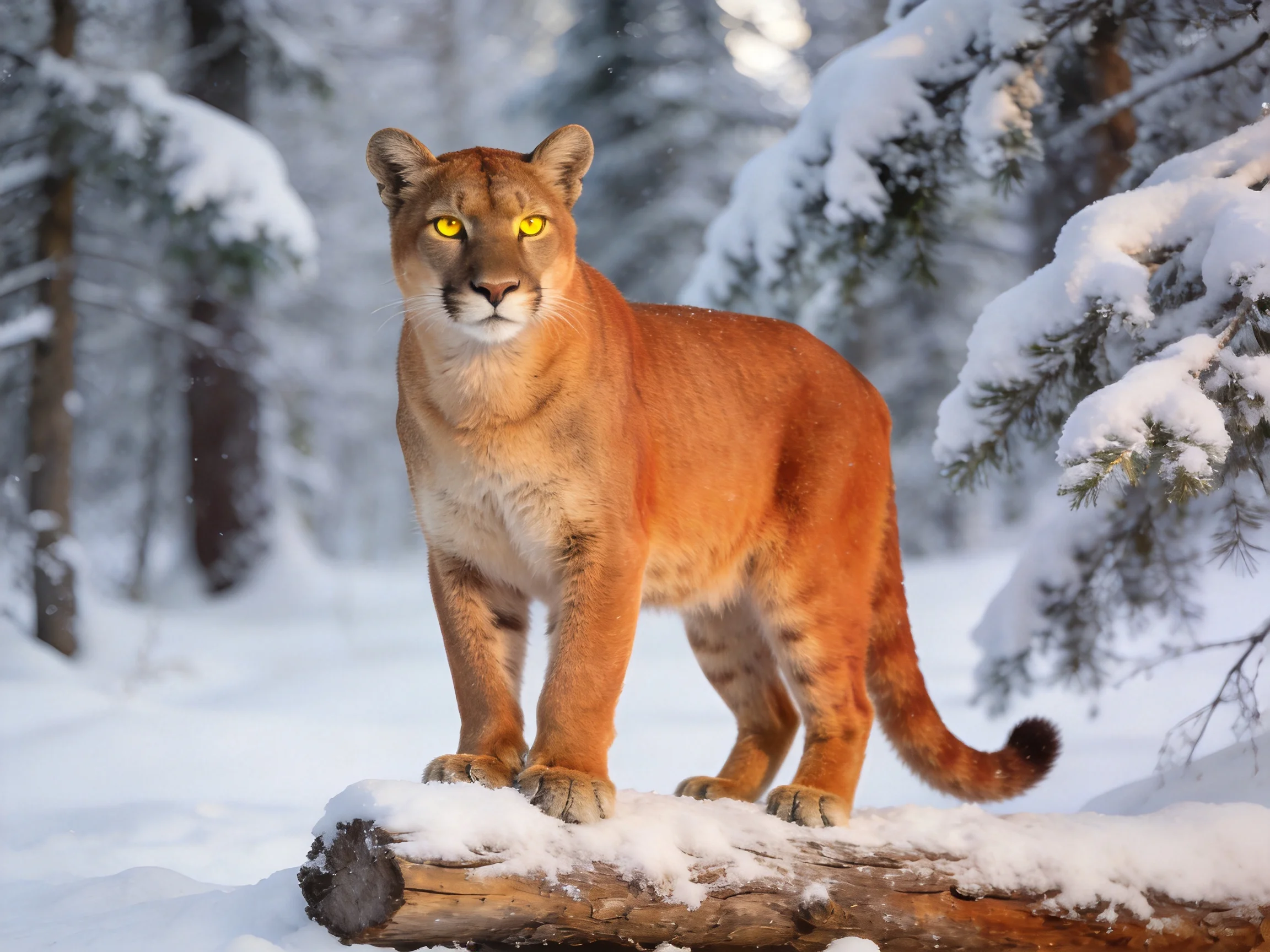 A tawny mountain lion stands on a snow-covered log amid winter trees