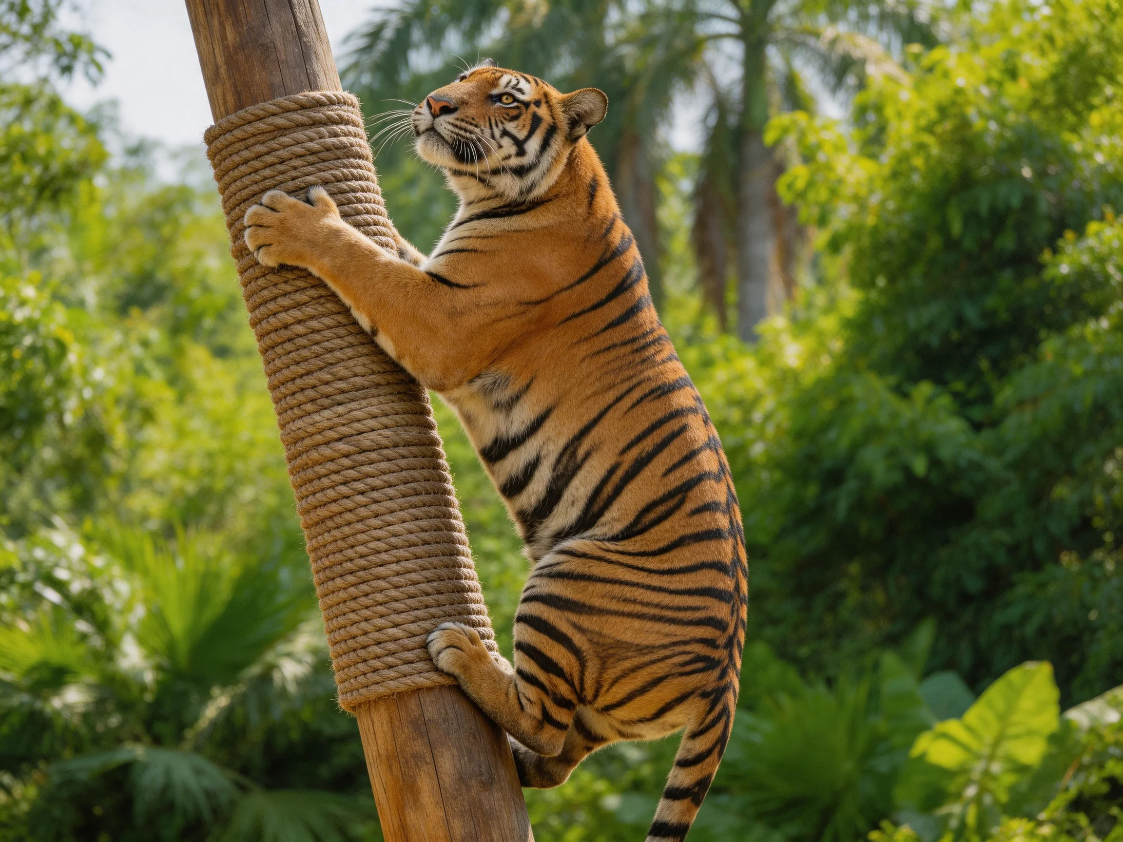 A tawny tiger climbs a thickly roped wooden post amid lush green foliage