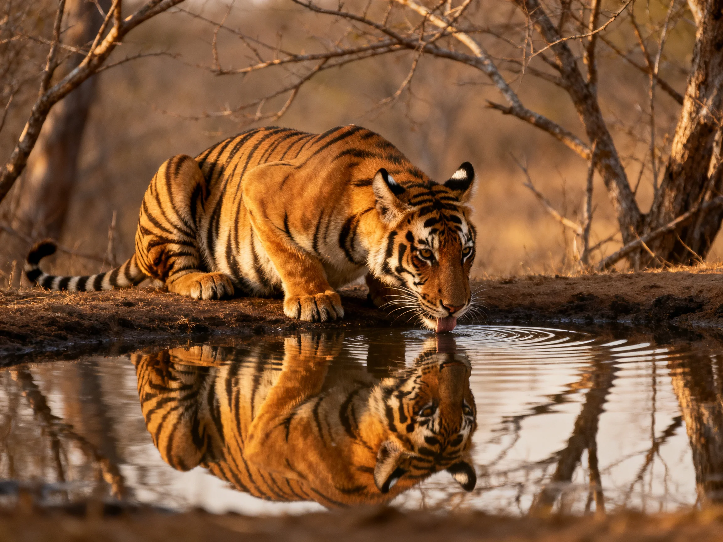 A tawny tiger drinks at a calm waterhole with a reflective surface