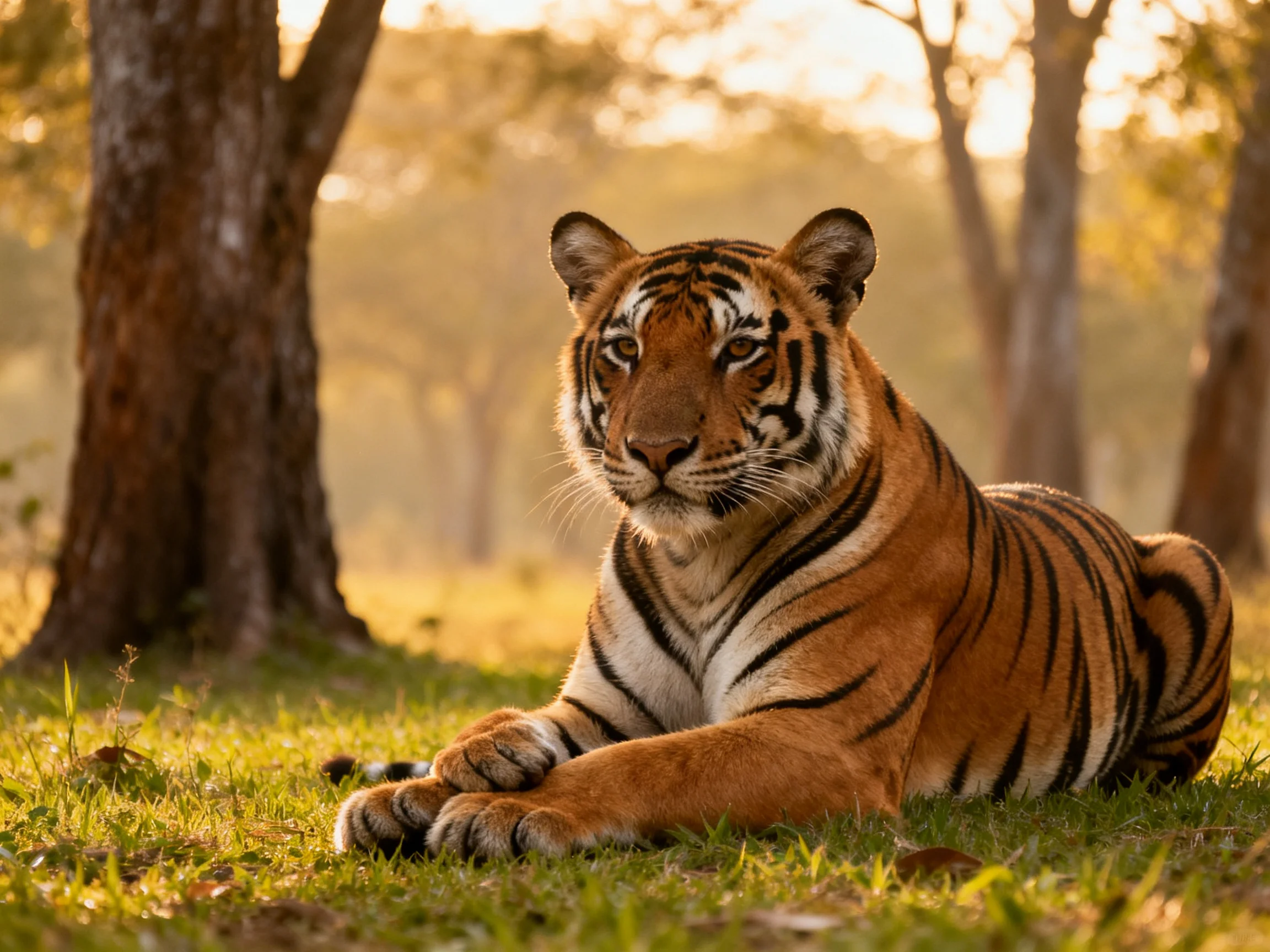 A tawny tiger lounges in sun-dappled woodland