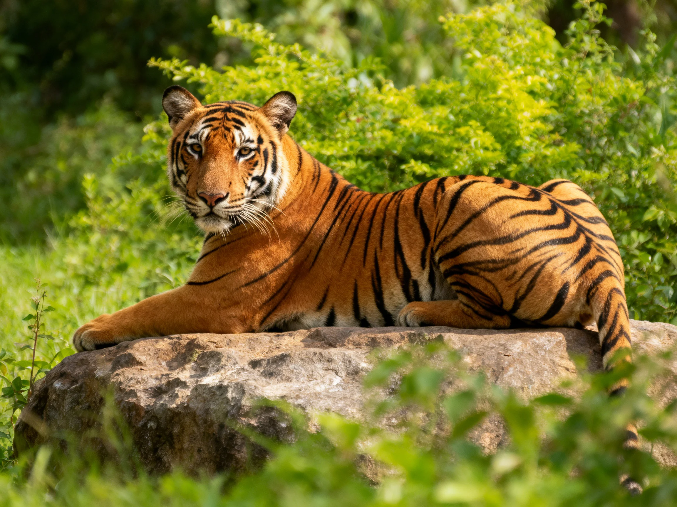 A tawny tiger lounges on a massive rock amid lush greenery