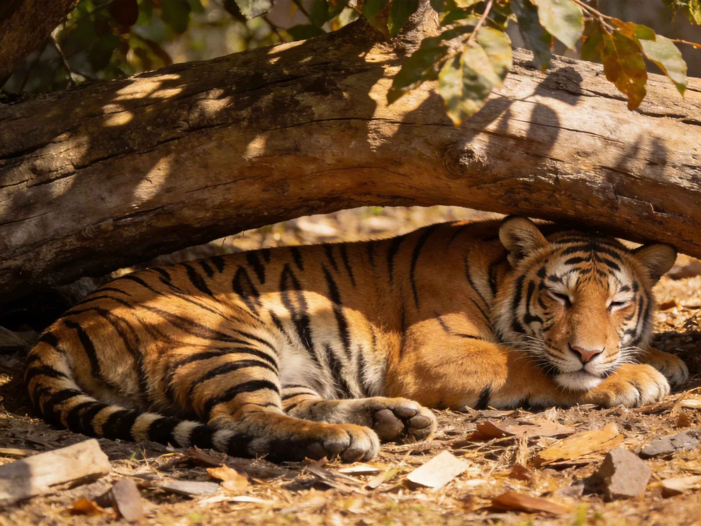 A tawny tiger rests beneath a massive brown log with green foliage