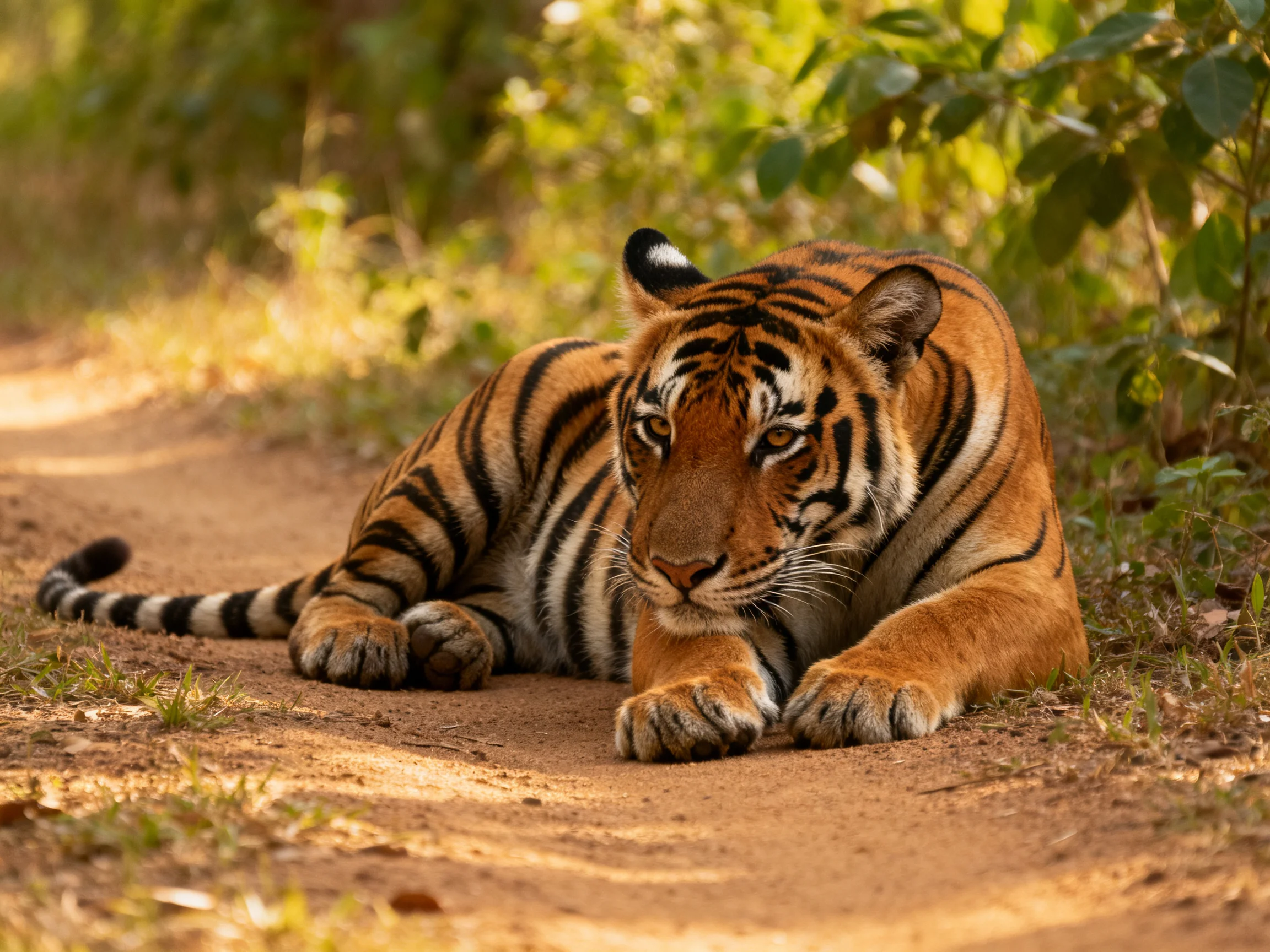 A tawny tiger rests on a dusty path surrounded by lush greenery.