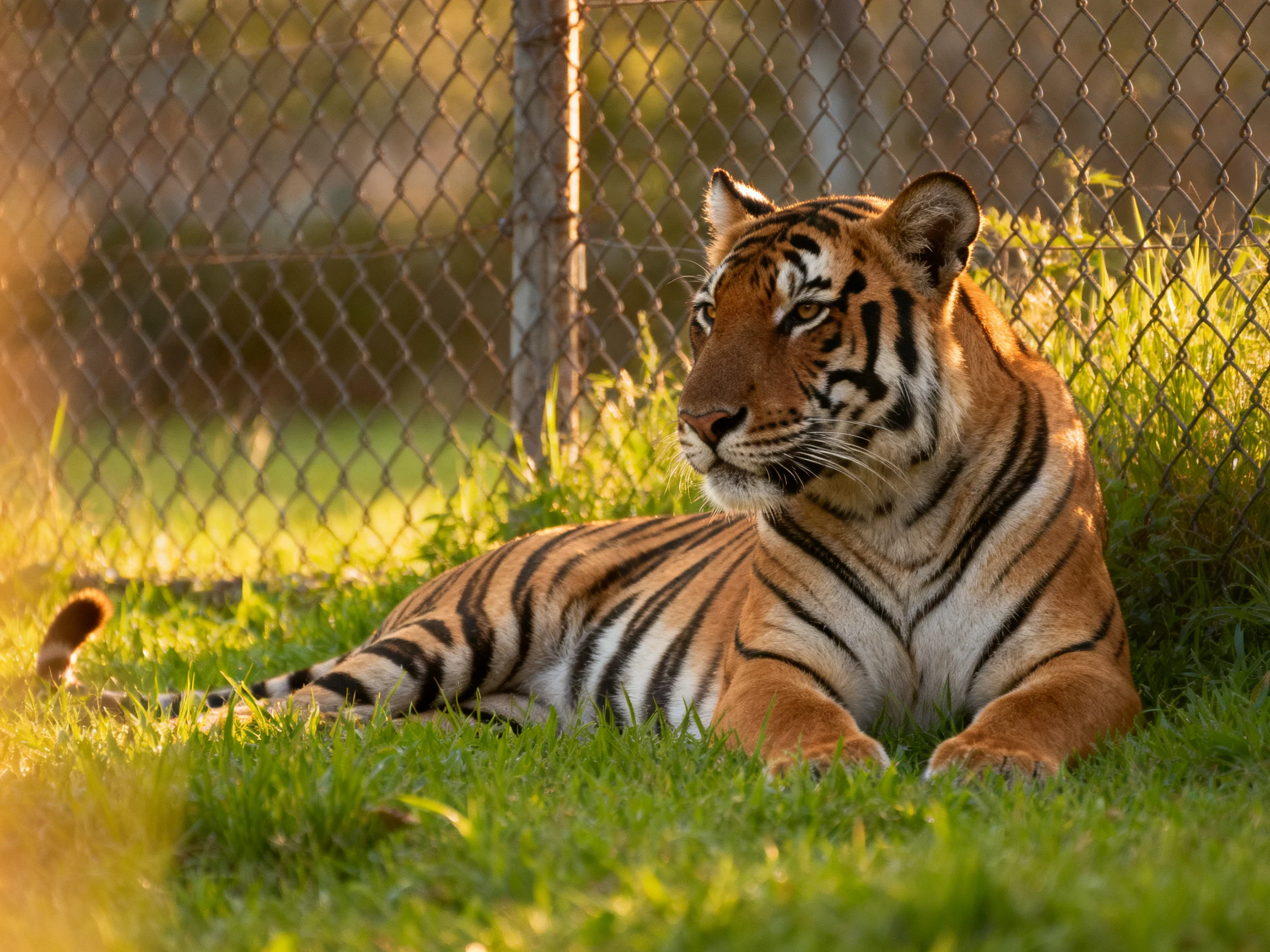 A tawny tiger rests on lush green grass beside a chain-link fence