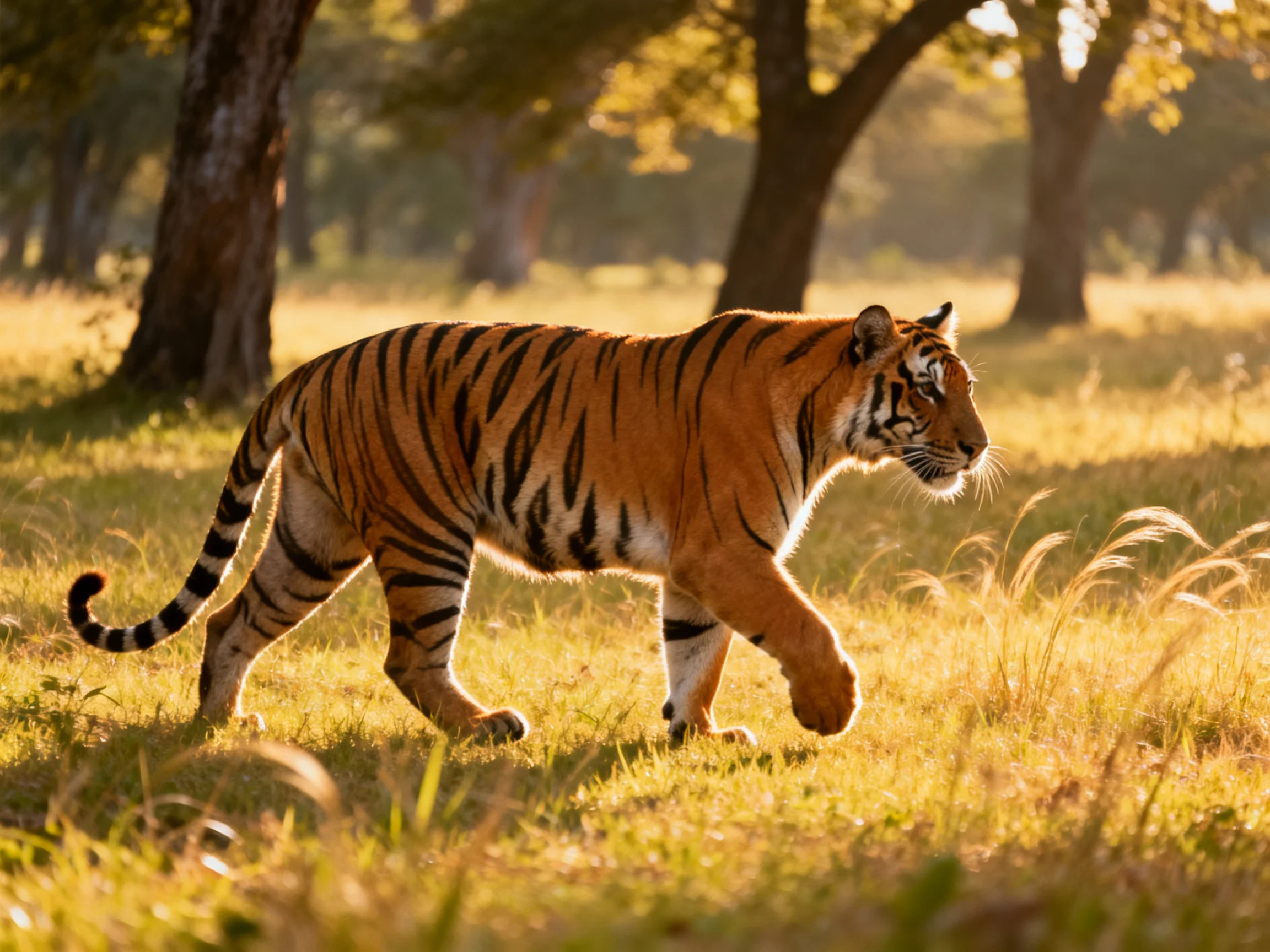 A tawny tiger roams sunlit grassy fields with trees