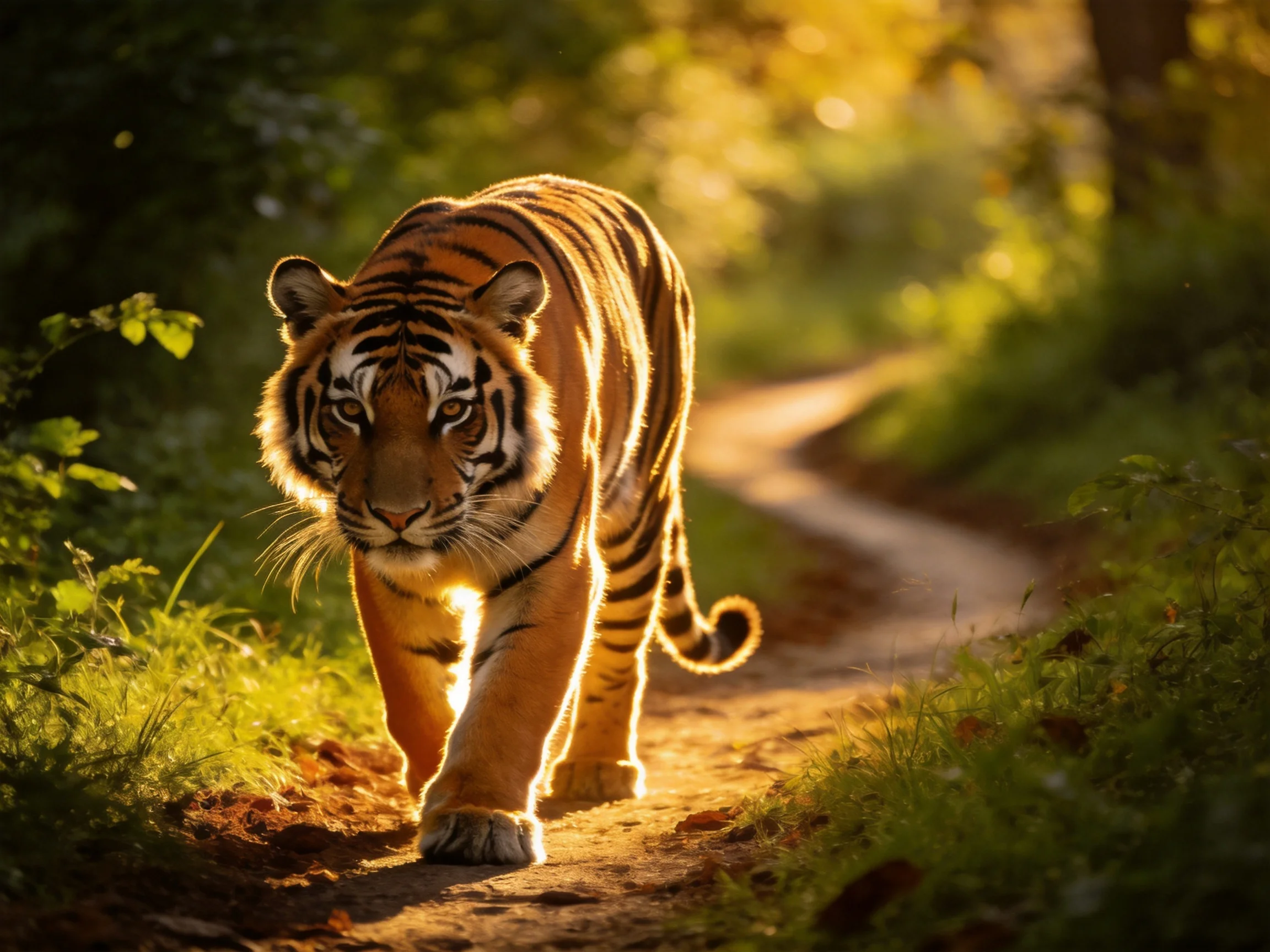 A tawny tiger walks along a sunlit forest path