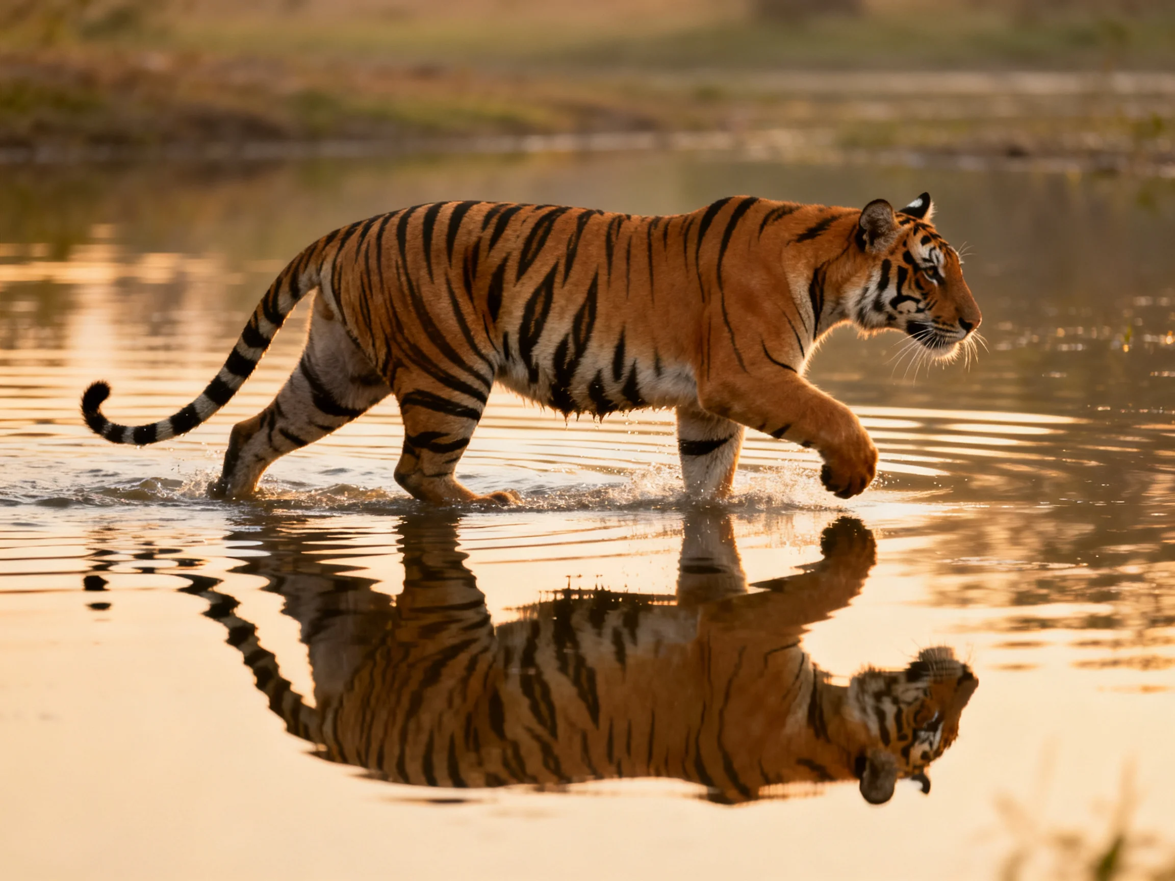 A tawny tiger walks through reflective, golden water