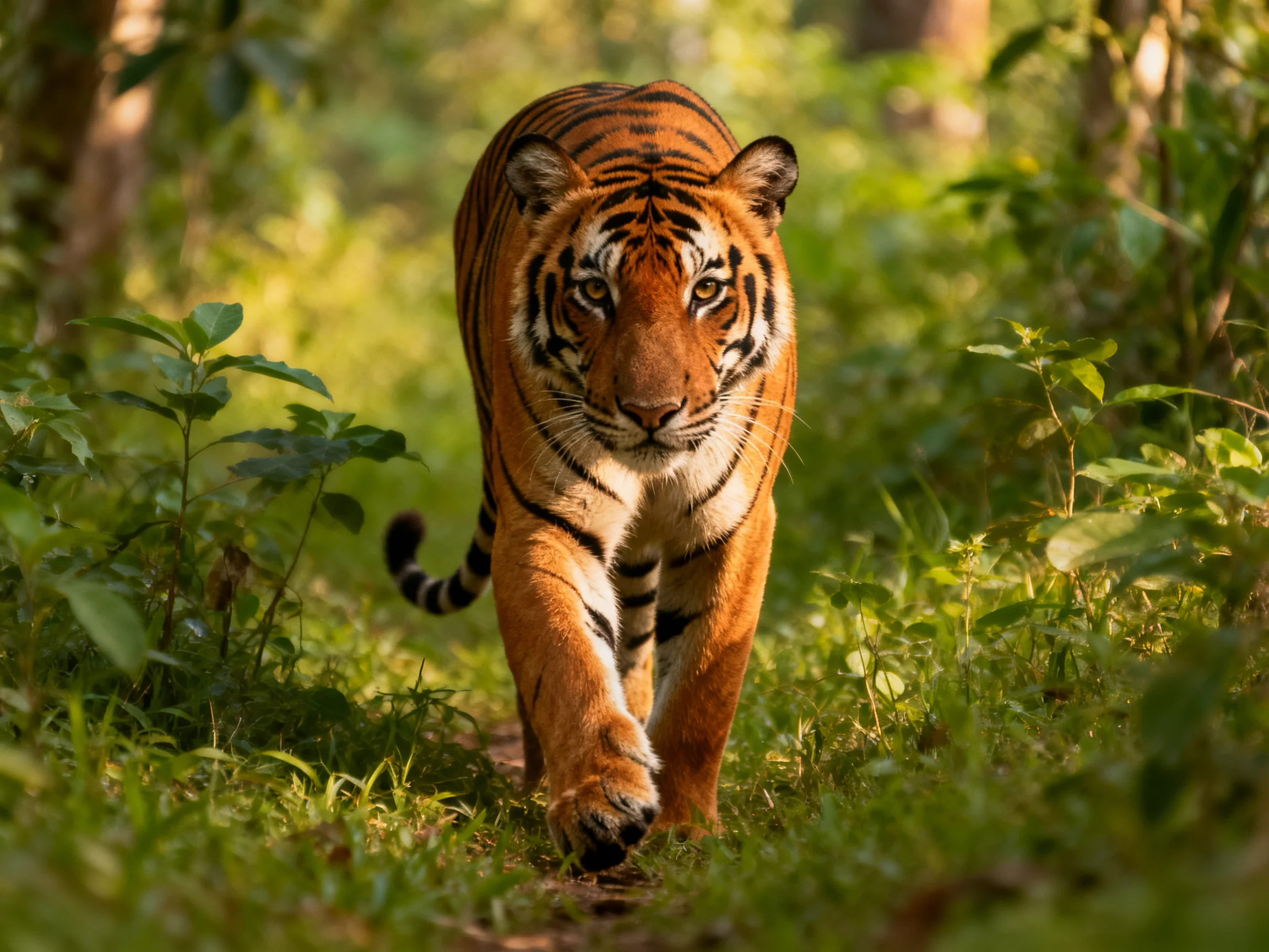 A tawny tiger with bold black stripes roams through lush green foliage in a forest.