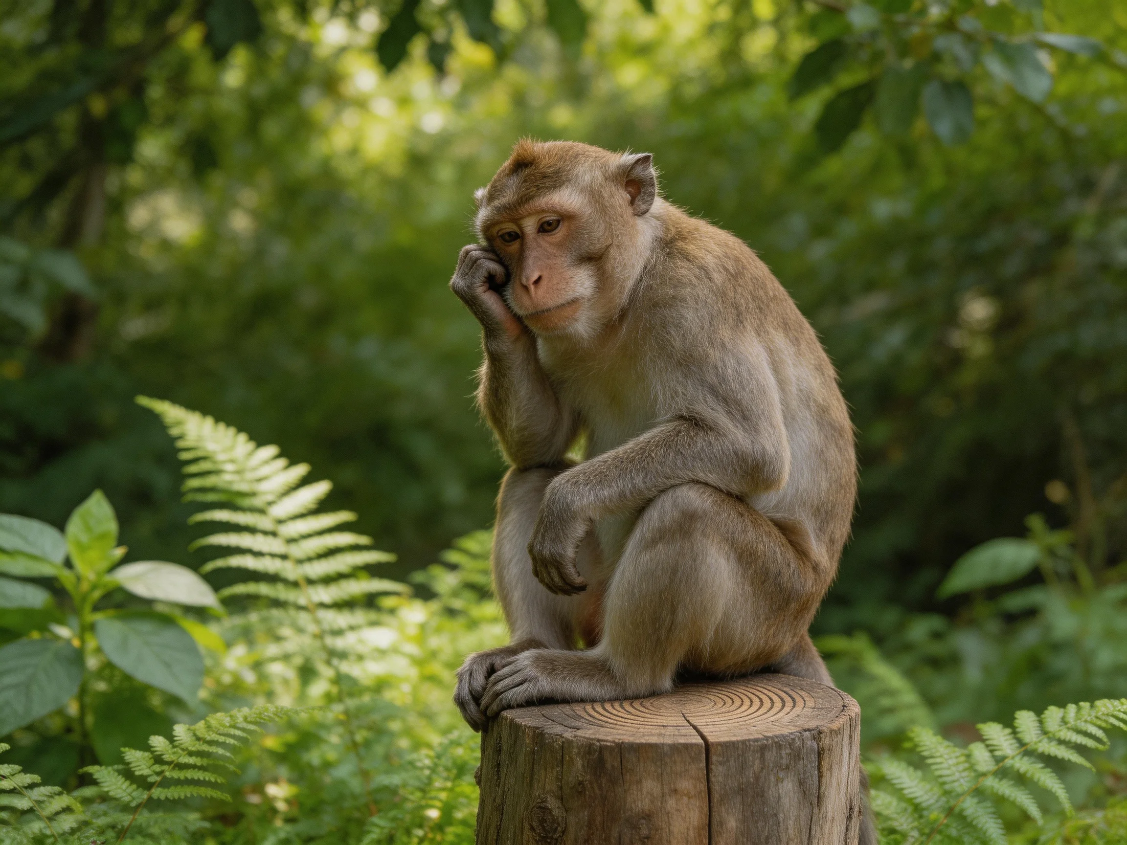 A brown monkey thoughtfully sits on a wooden stump surrounded by greenery.