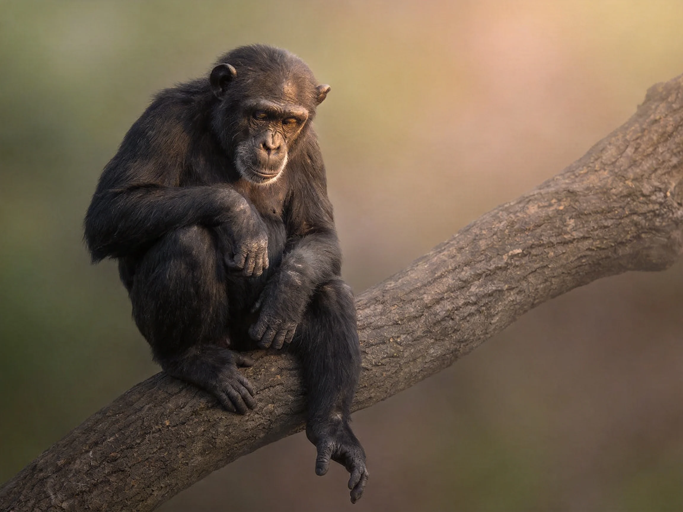 A thoughtful chimpanzee perches on a thick brown tree branch