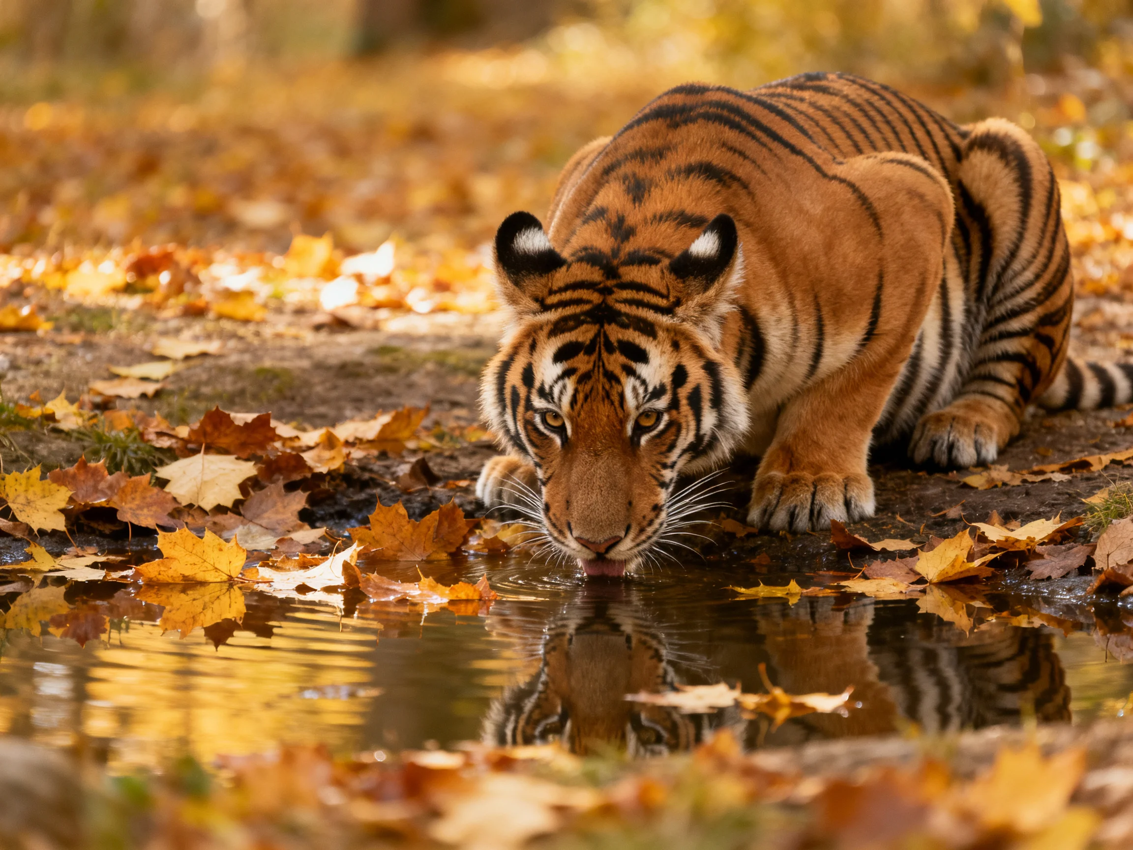 A tiger drinks from a stream surrounded by autumn foliage