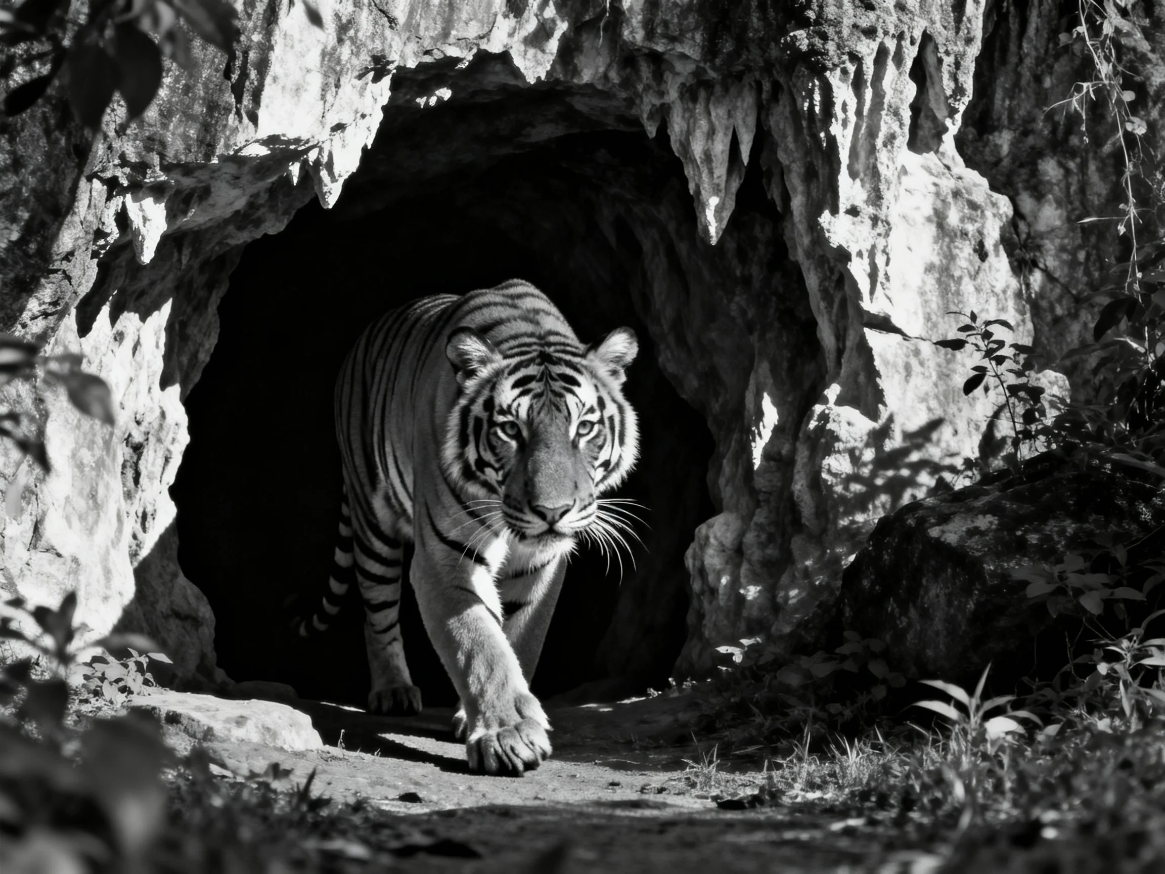 A tiger emerges from a rocky cave opening in black and white