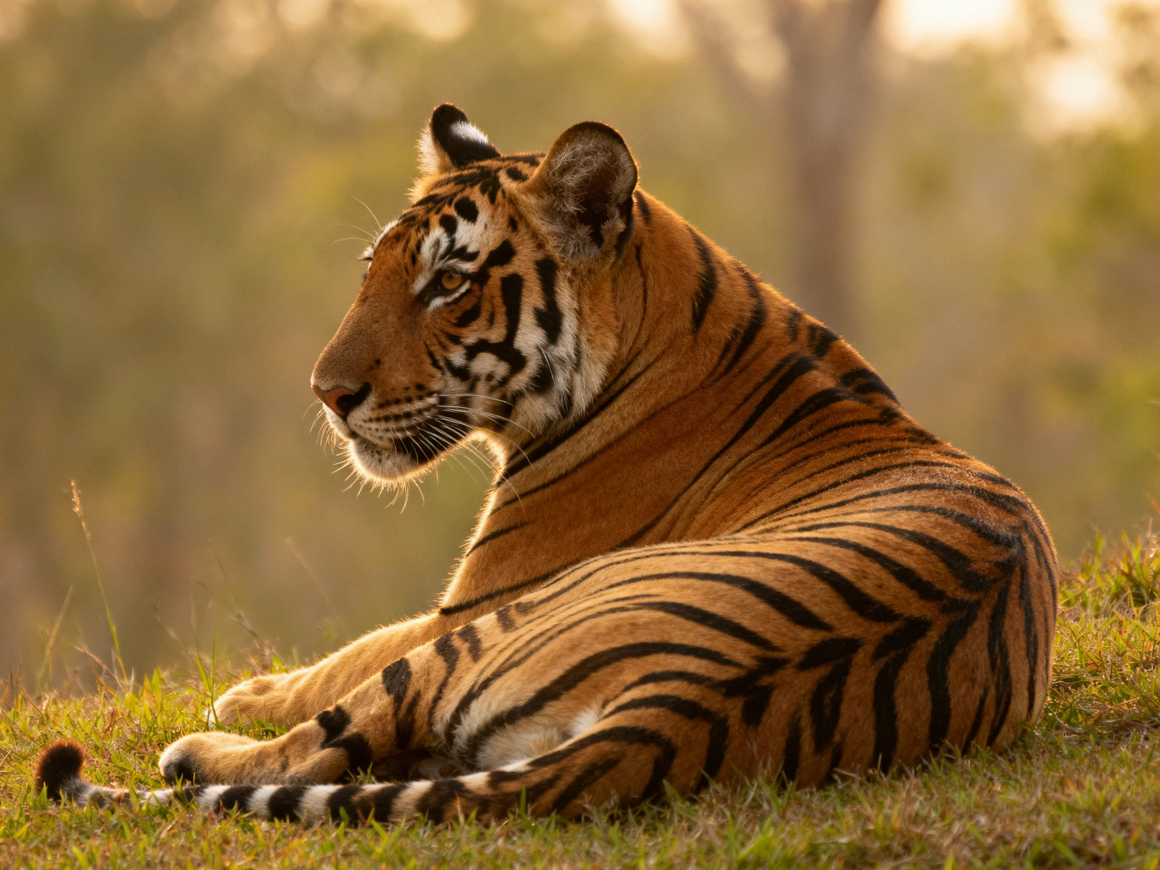 A tiger rests on grass in a sunlit natural setting.