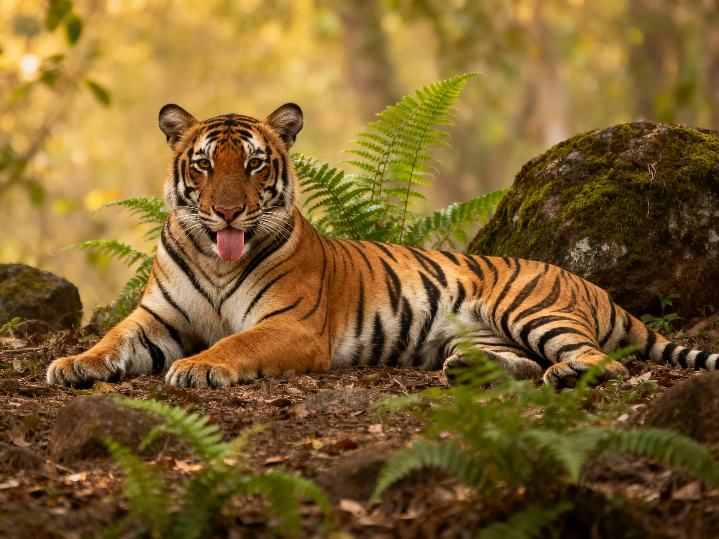 A tiger relaxes among ferns and rocks in a sunlit forest.