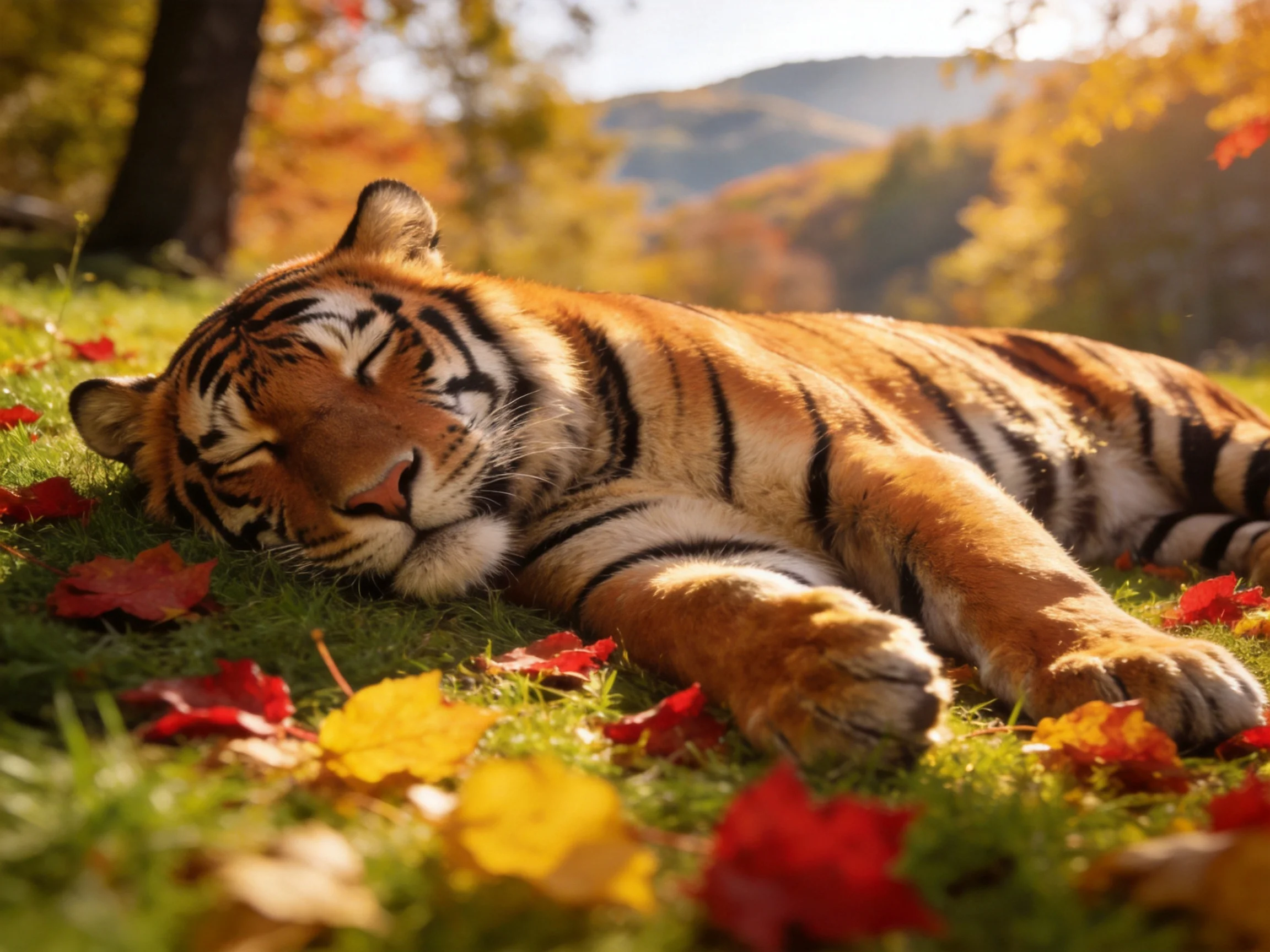 A tiger rests among colorful autumn leaves on a sunlit grassy area