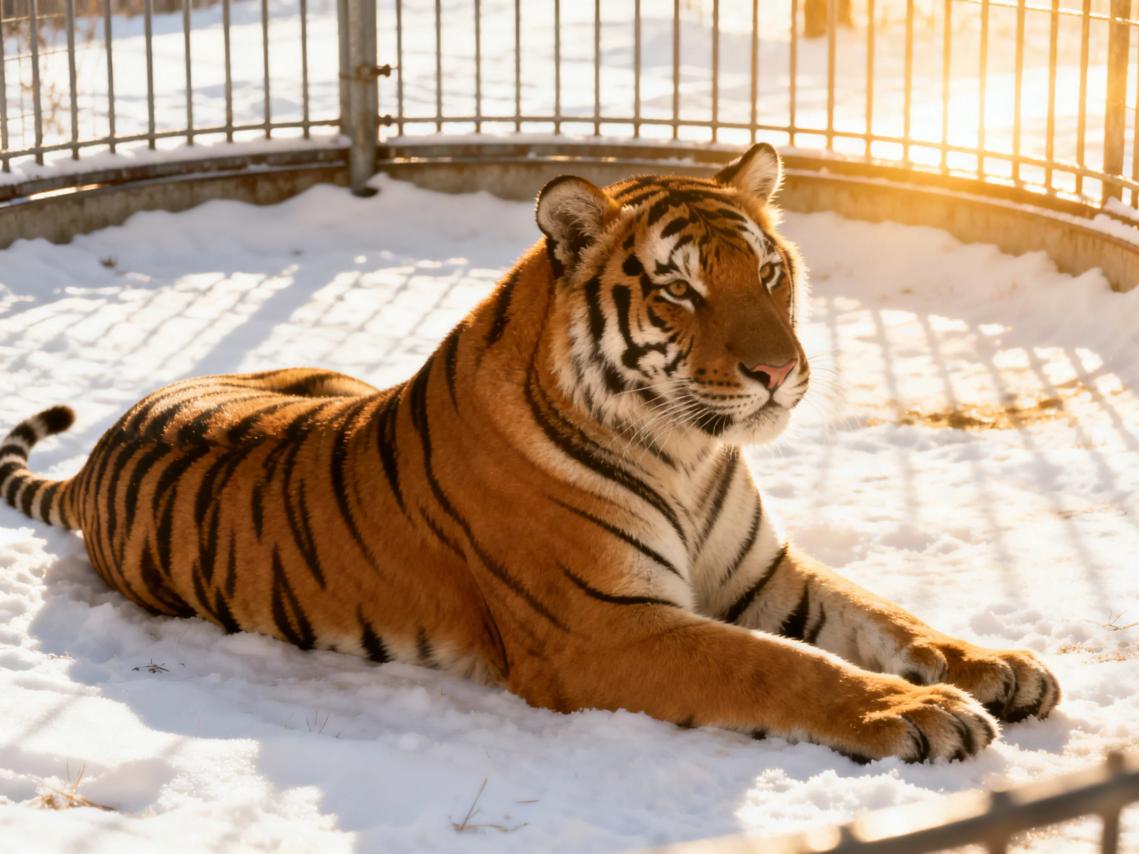 A tiger relaxes on snow within an enclosure with metal fencing.