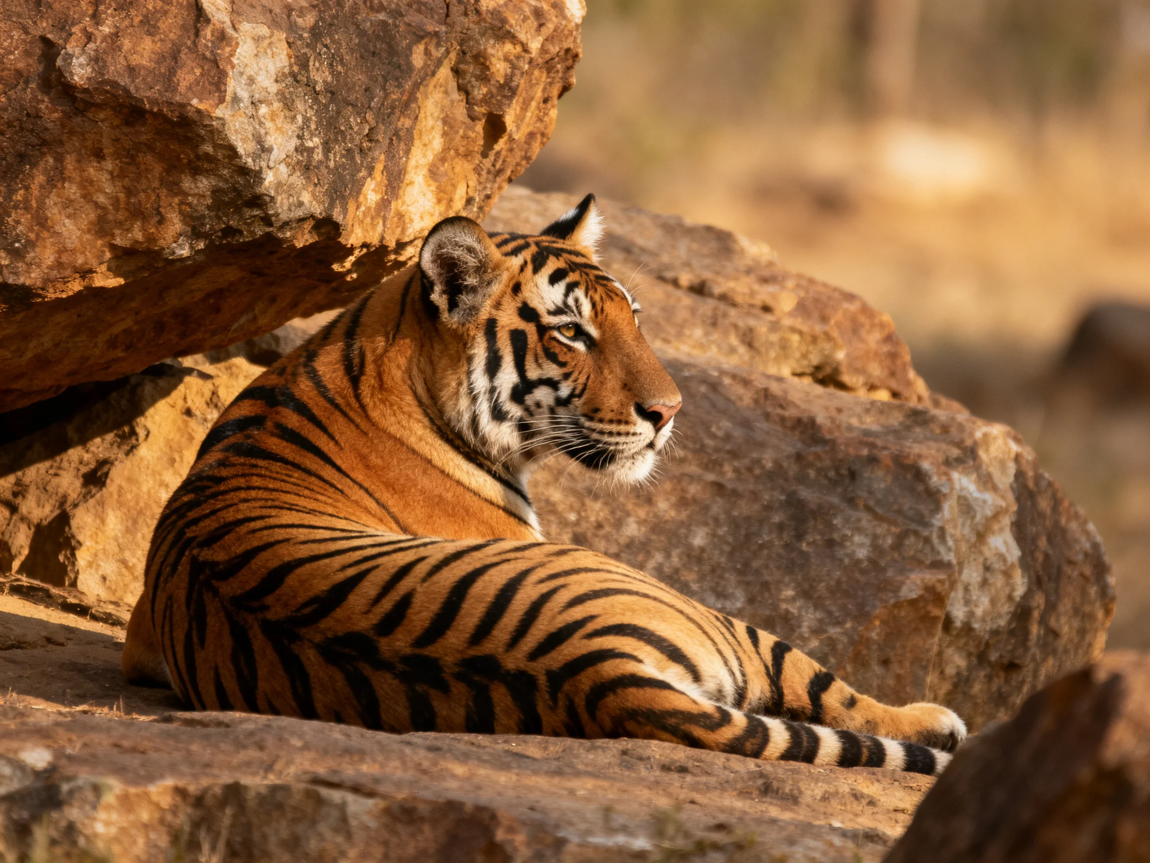 A tiger rests among large rocks in bright daylight.