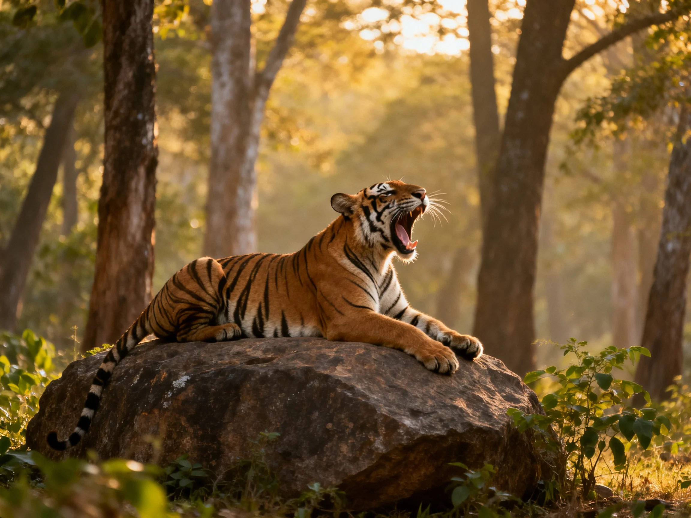 A tiger relaxes on a rock amid tall trees in a sunlit woodland