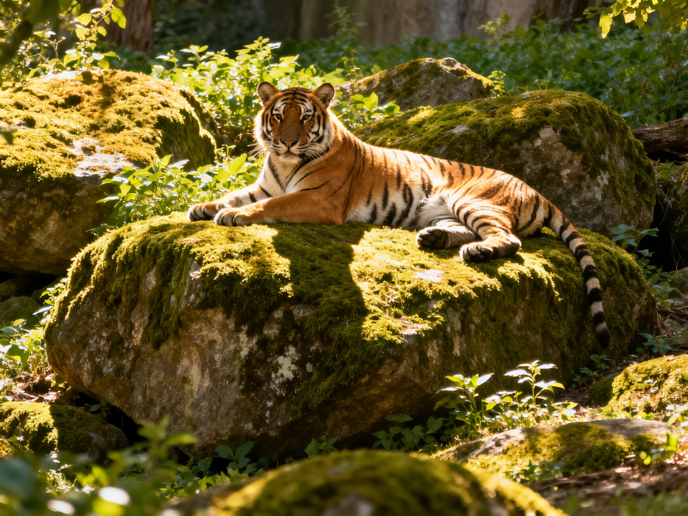 A tiger relaxes on mossy rocks in a sunlit forest setting.