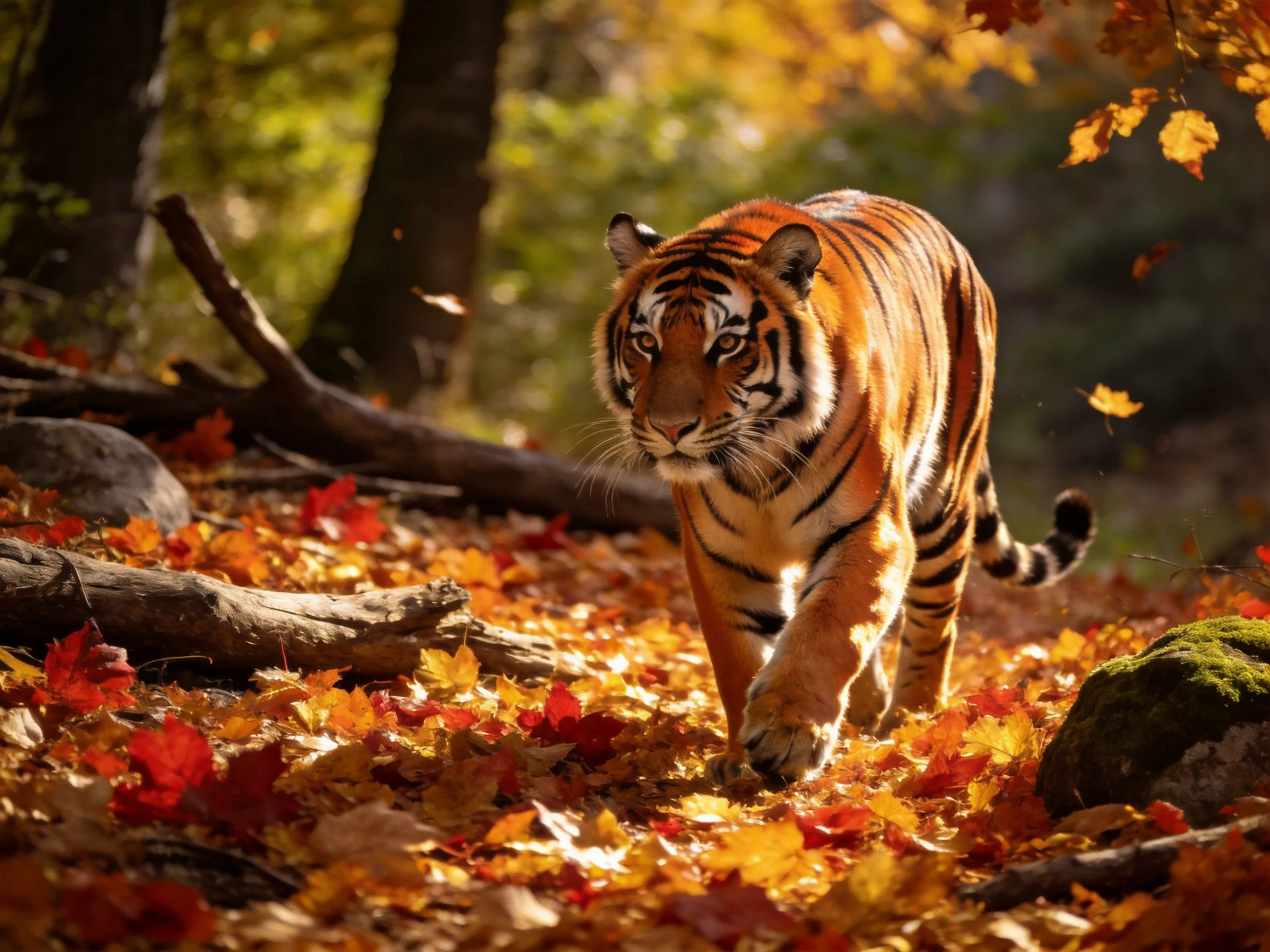 A tiger roams a forest blanketed in colorful autumn leaves