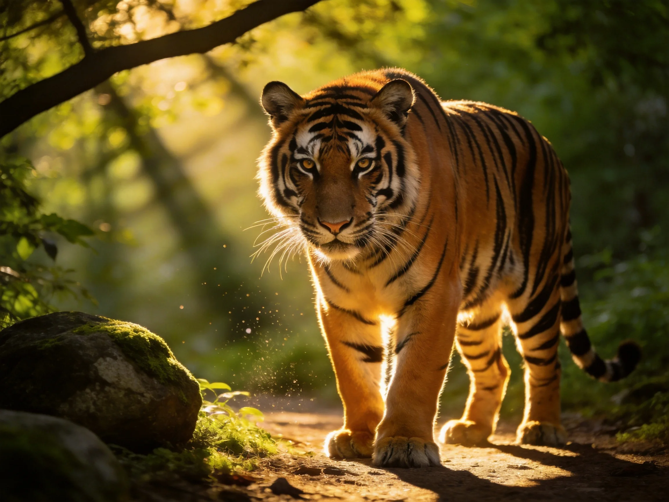 A tiger roams a sunlit forest trail with vibrant stripes