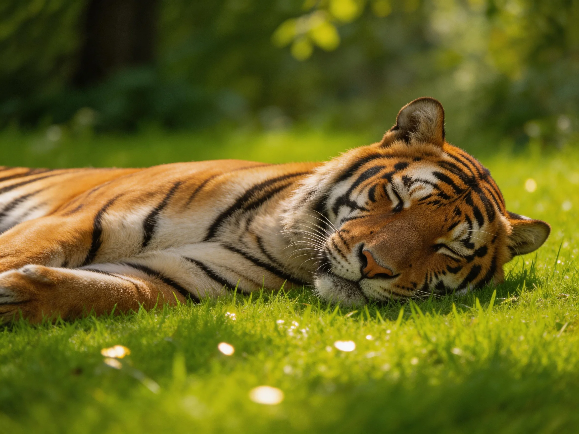 A tiger sleeps on vibrant green grass in sunny surroundings