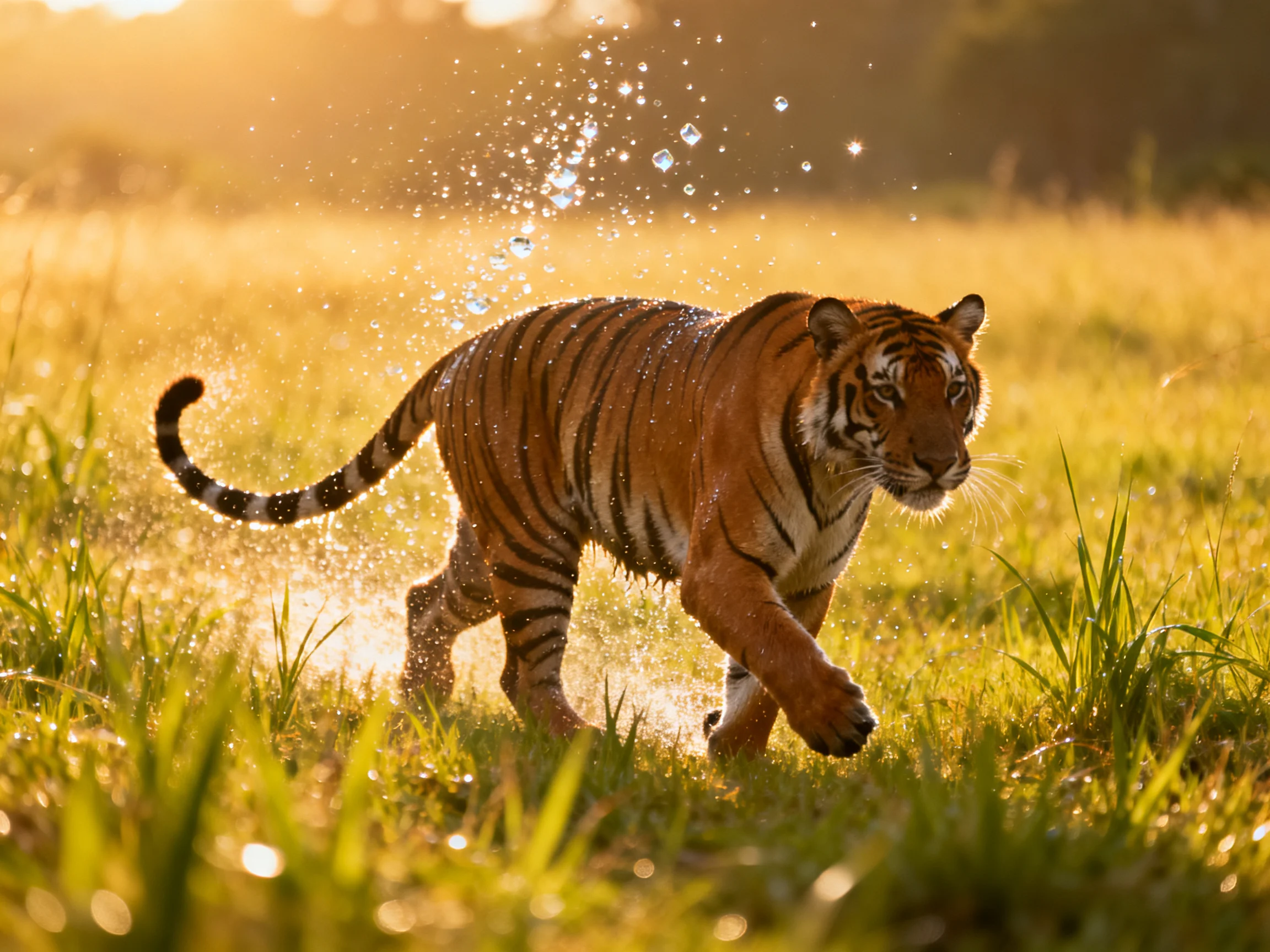 A tiger sprints through sunlit golden grass with water droplets flying