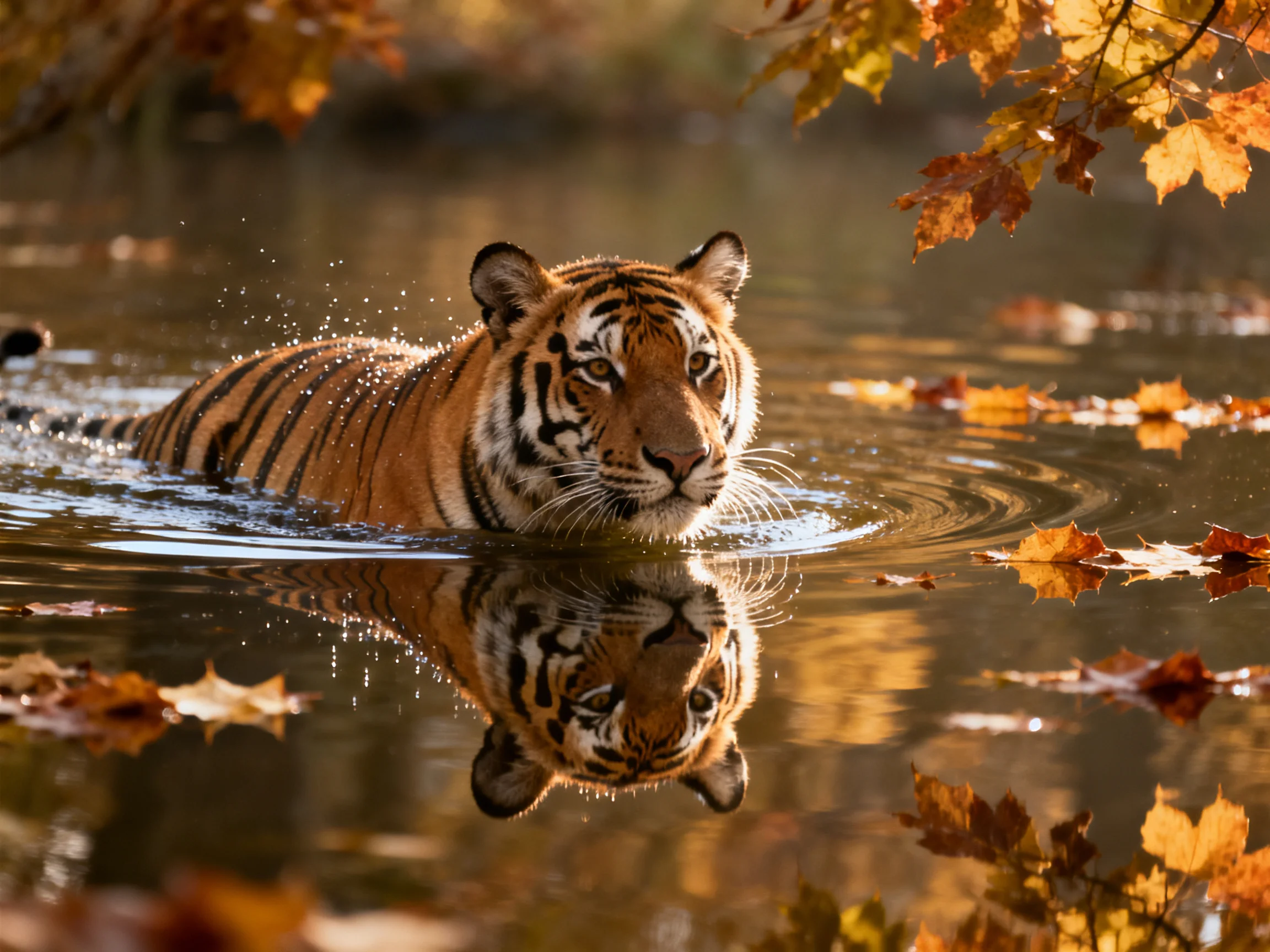 A tiger swims in a pond with autumn leaves scattered nearby.