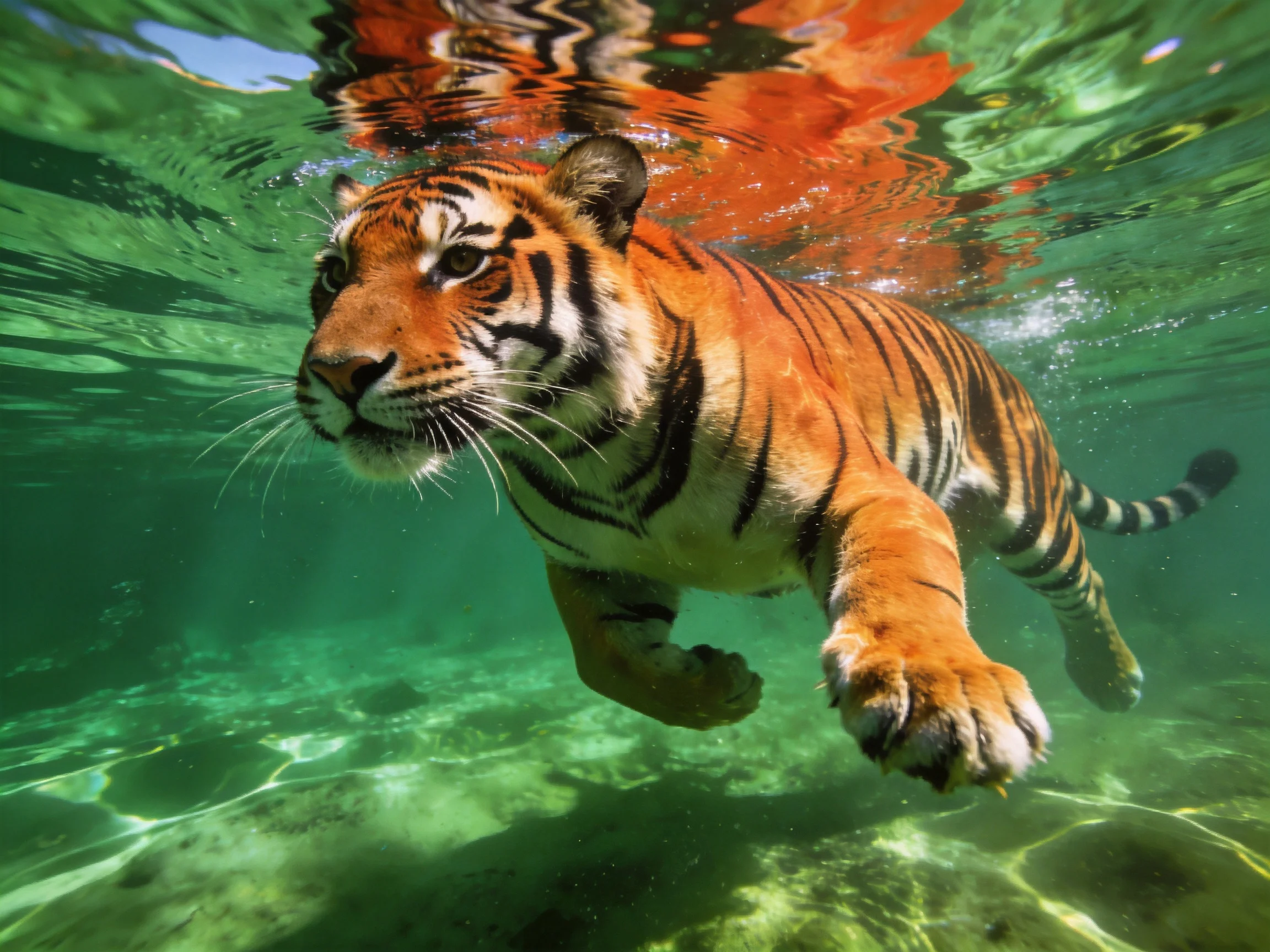 A tiger swims in clear turquoise water