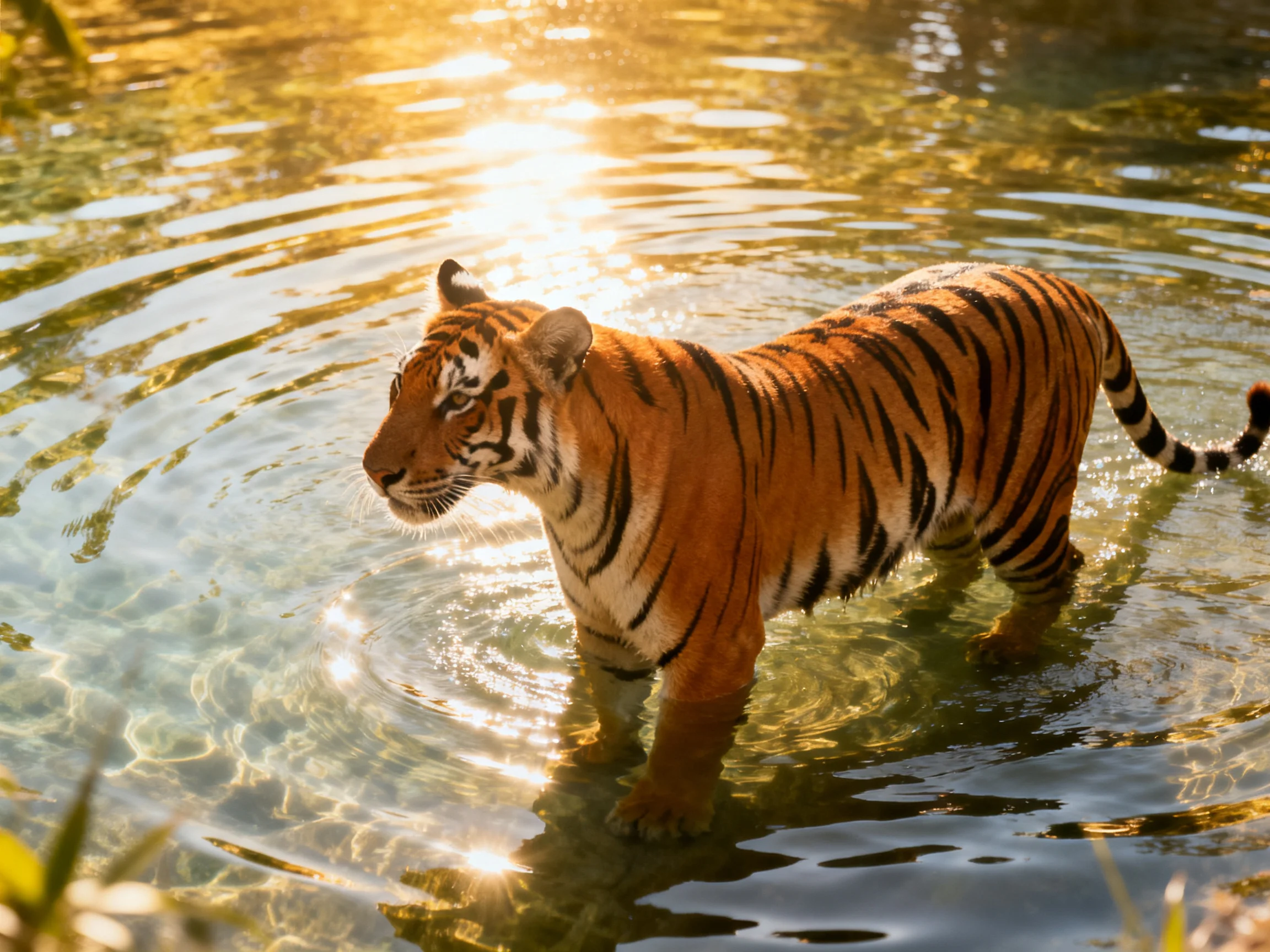 A tiger wades through clear, golden-hued water with bold stripes