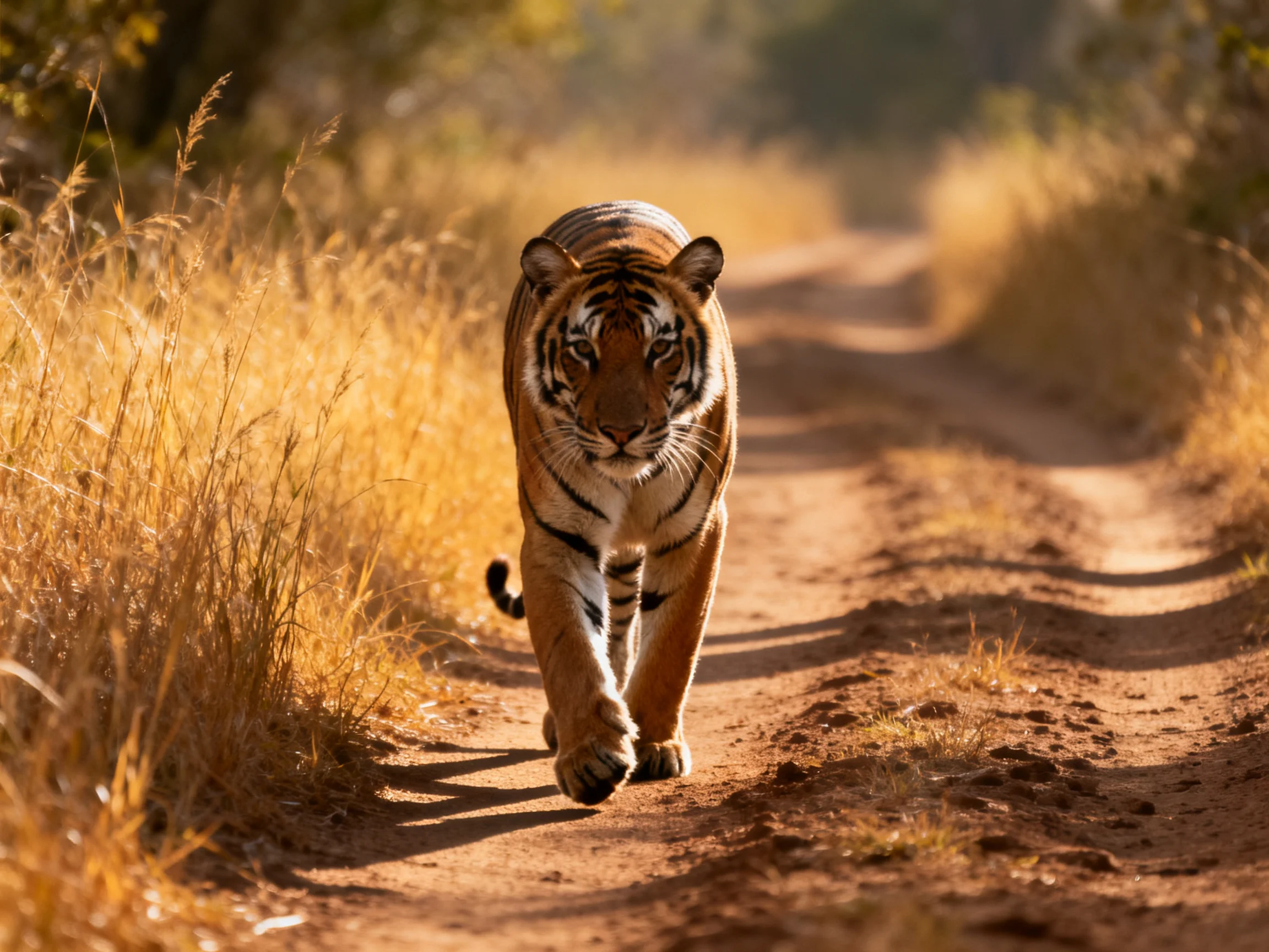 A tiger confidently moves down a sunlit dirt path bordered by golden grass.