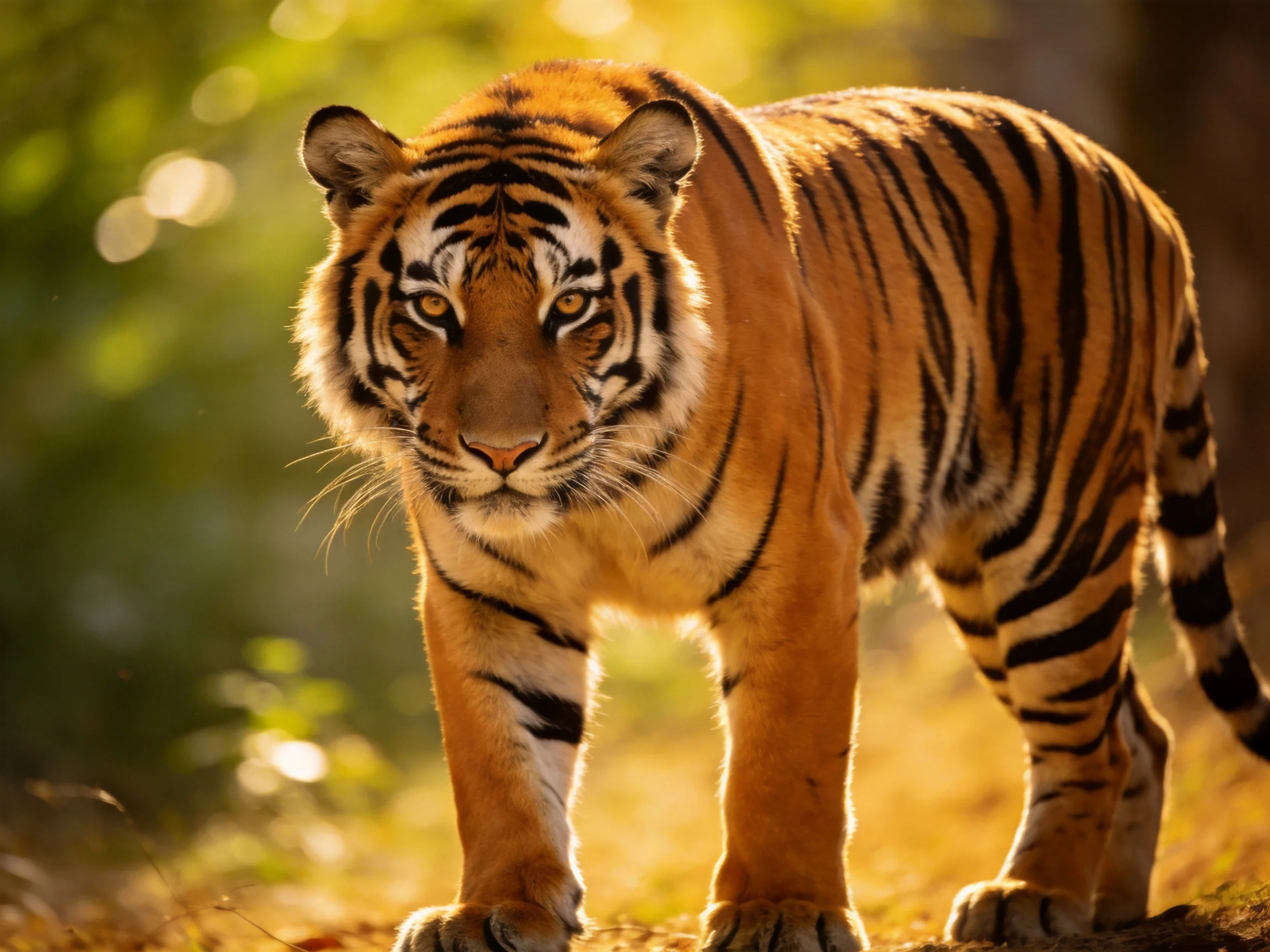 A tiger with bold black stripes in a sun-drenched forest
