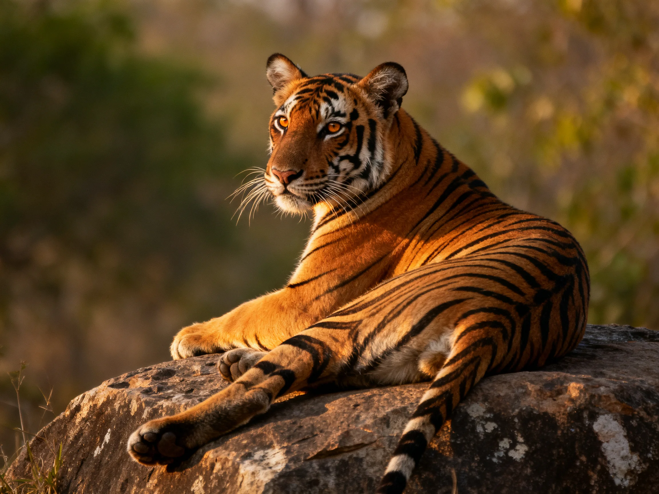 A tiger with bold black stripes rests on a large rock in nature.