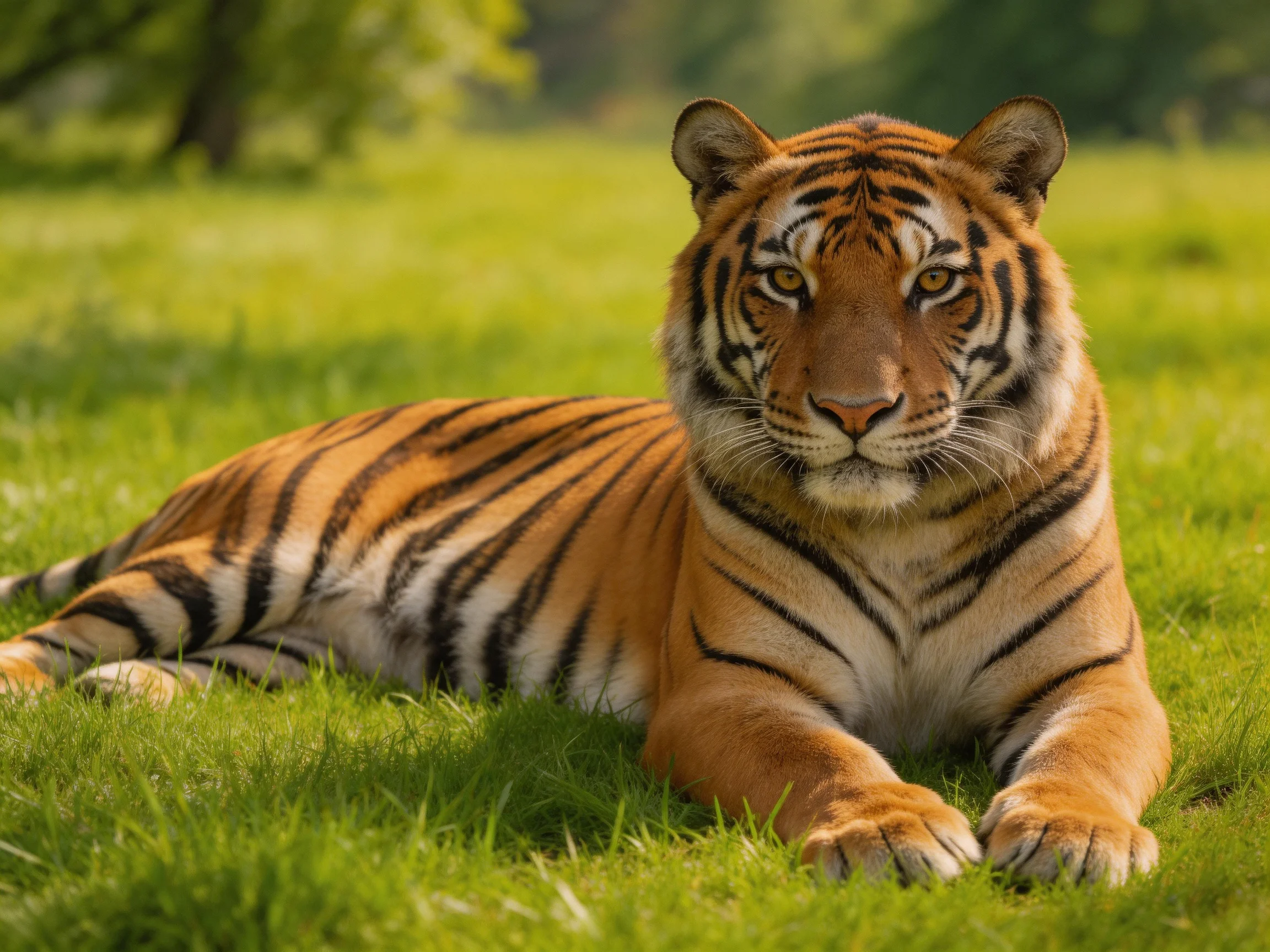 A tiger with bold black stripes rests on lush green grass