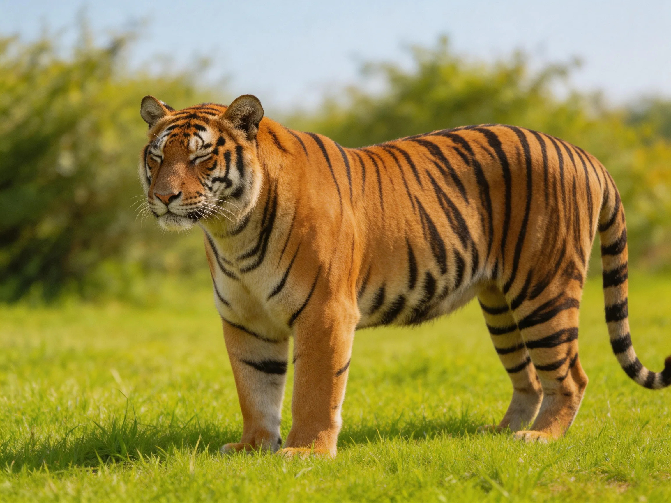 A tiger with bold black stripes stands on lush green grass