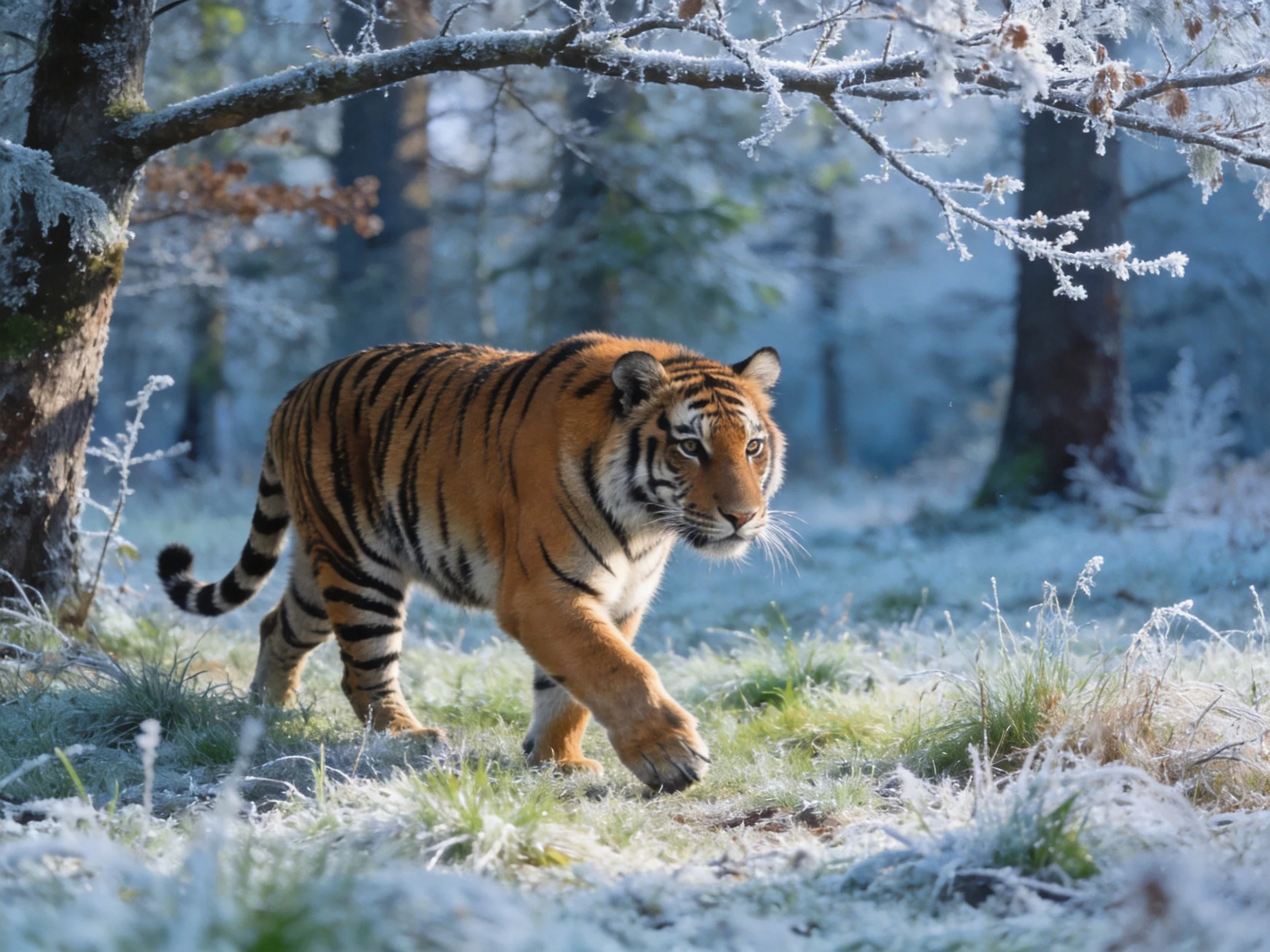 A tiger with bold orange and black stripes roams a frosty forest