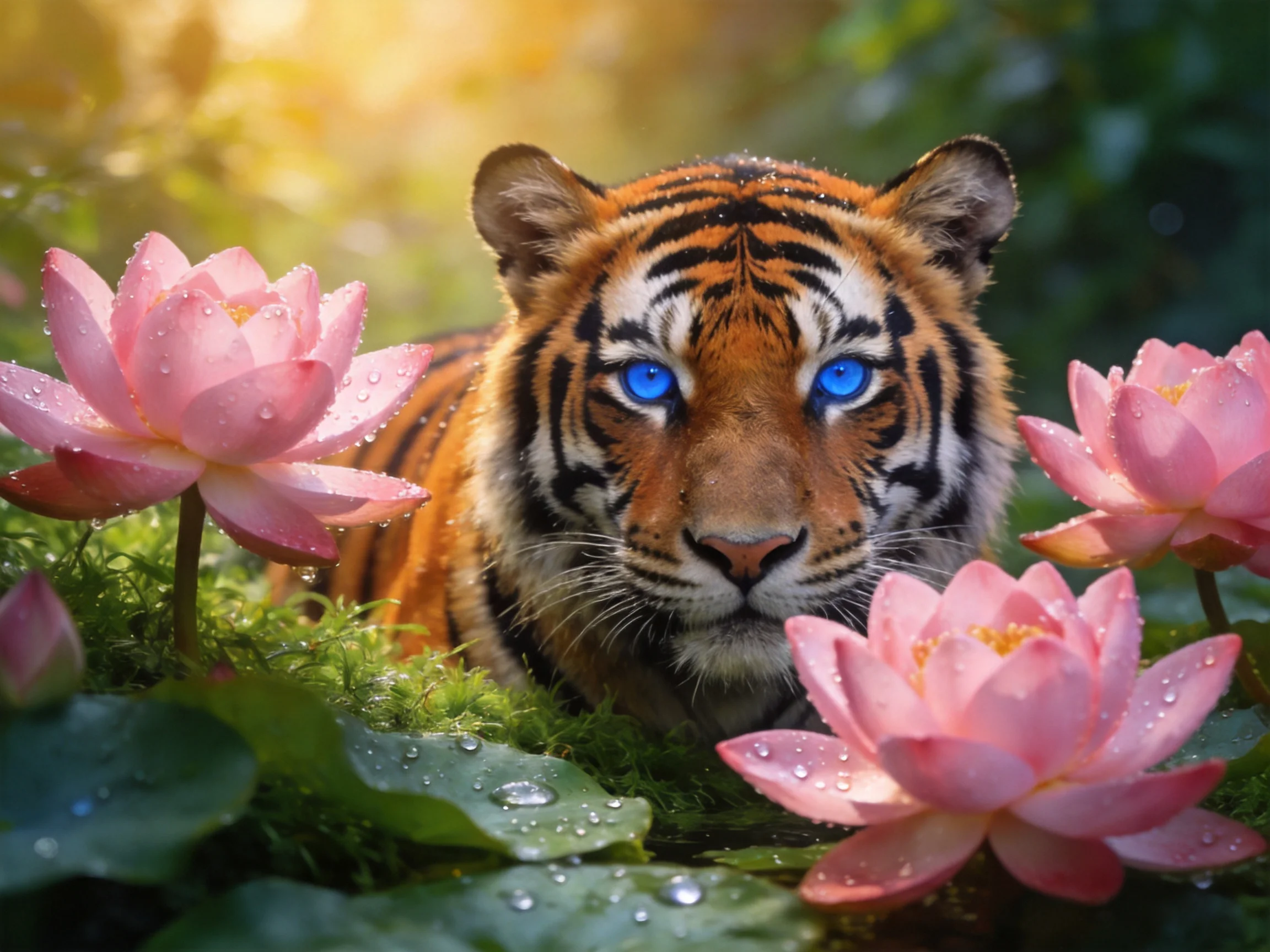 A tiger with bright blue eyes among pink water lilies and lush green moss