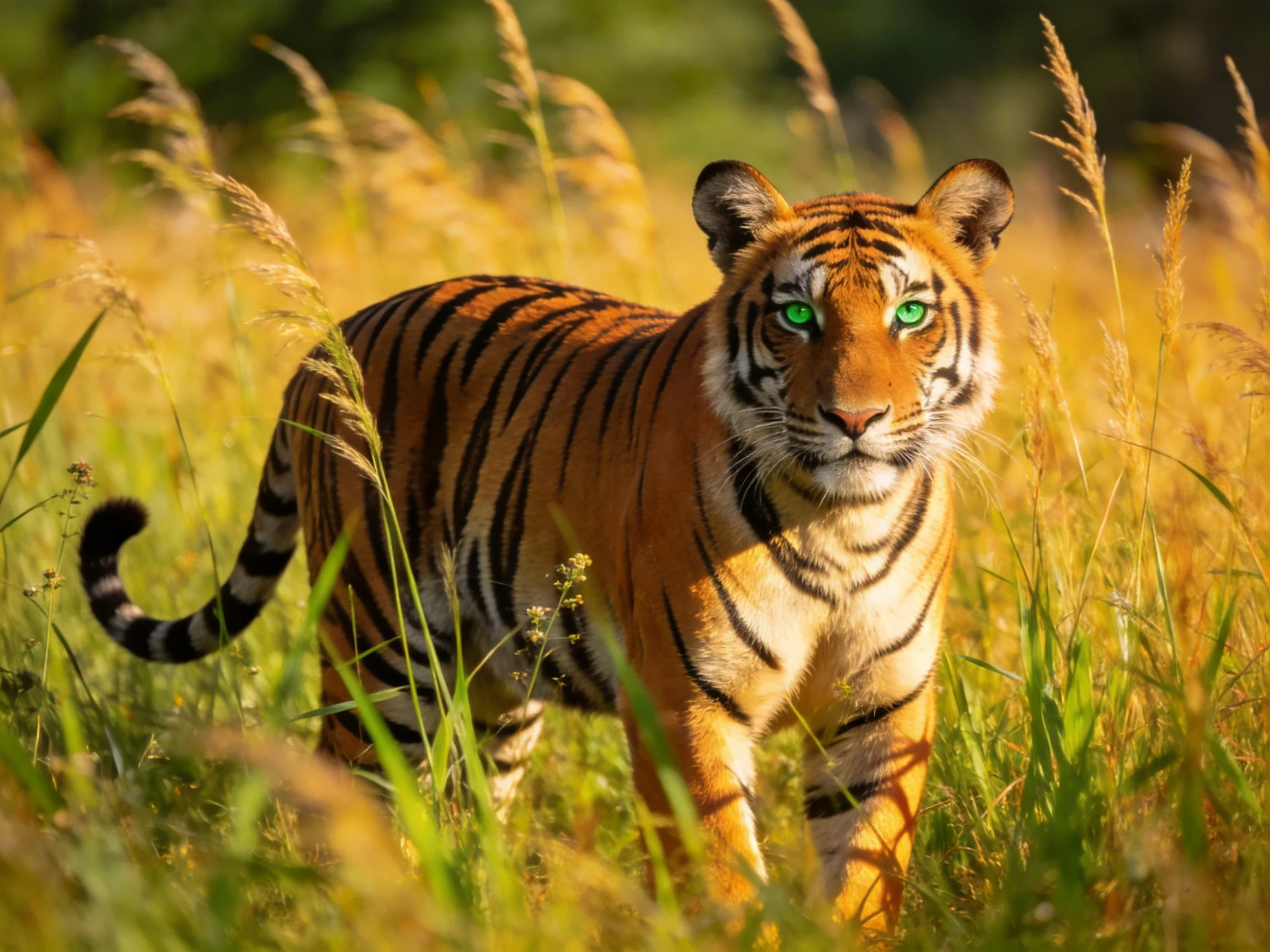 A tiger with bright green eyes walks through tall golden grasses