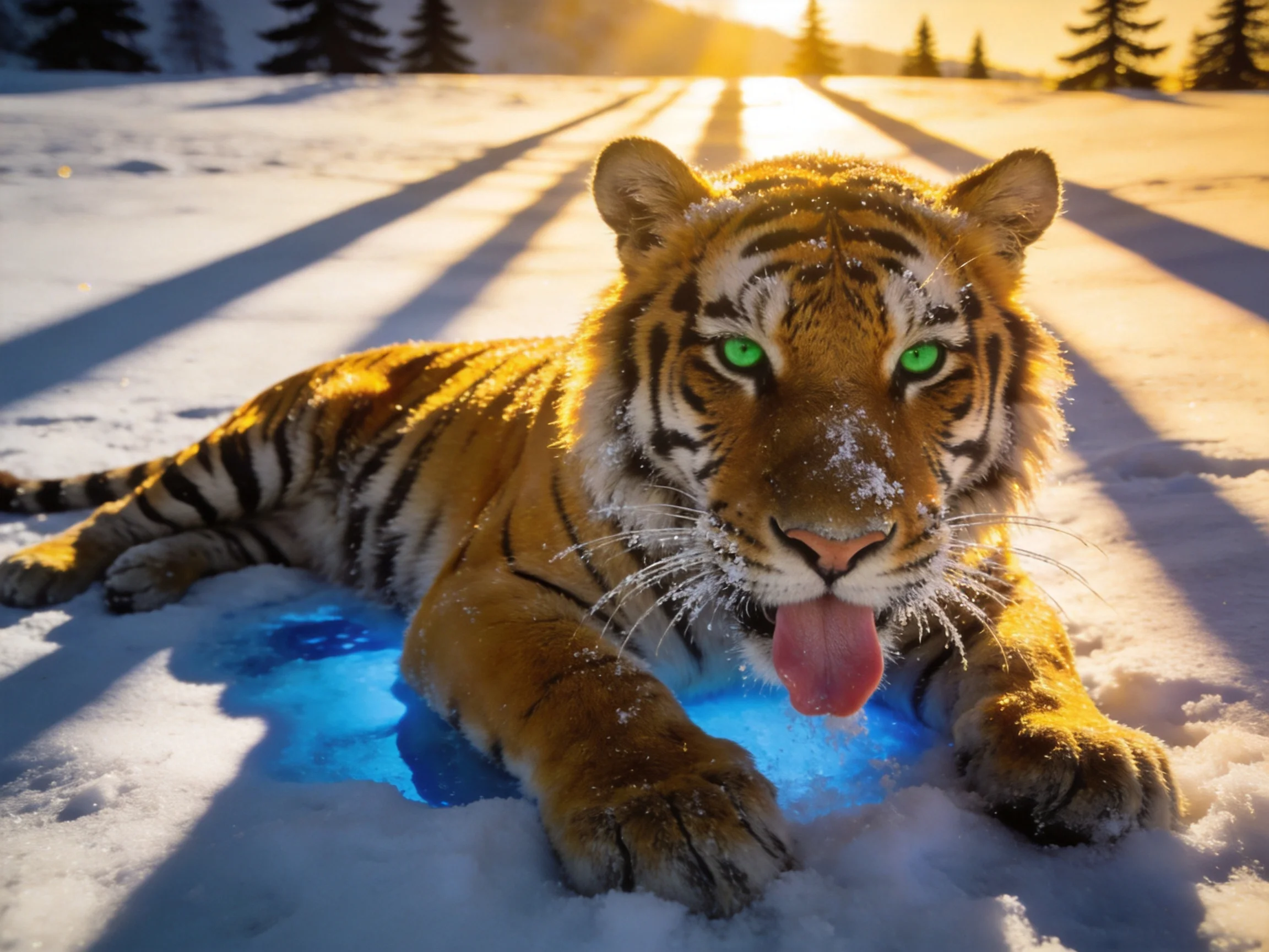A tiger with green eyes rests on snow near a glowing blue patch