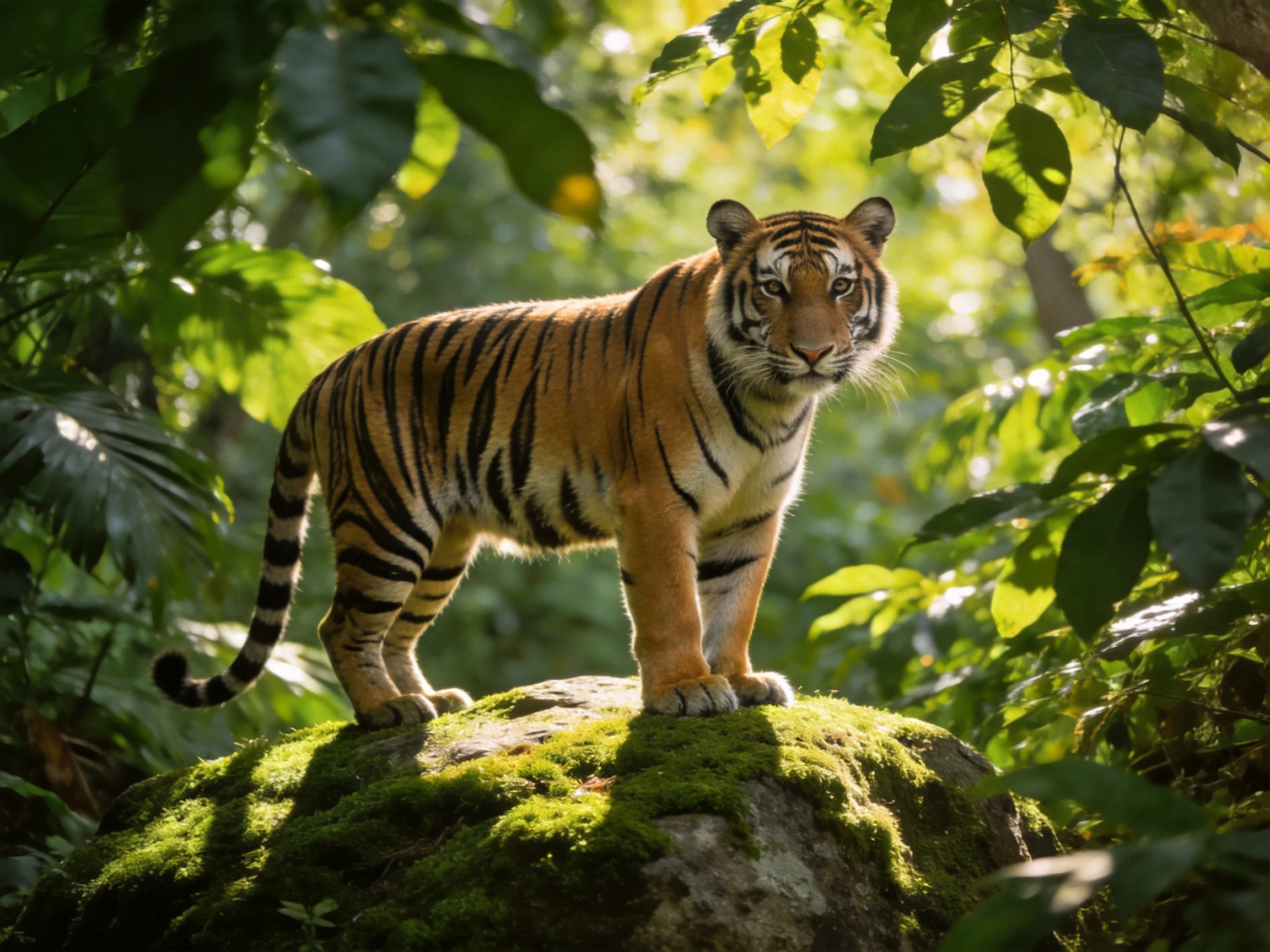 A tiger with orange and black stripes stands on a moss-covered rock in a sun-dappled forest