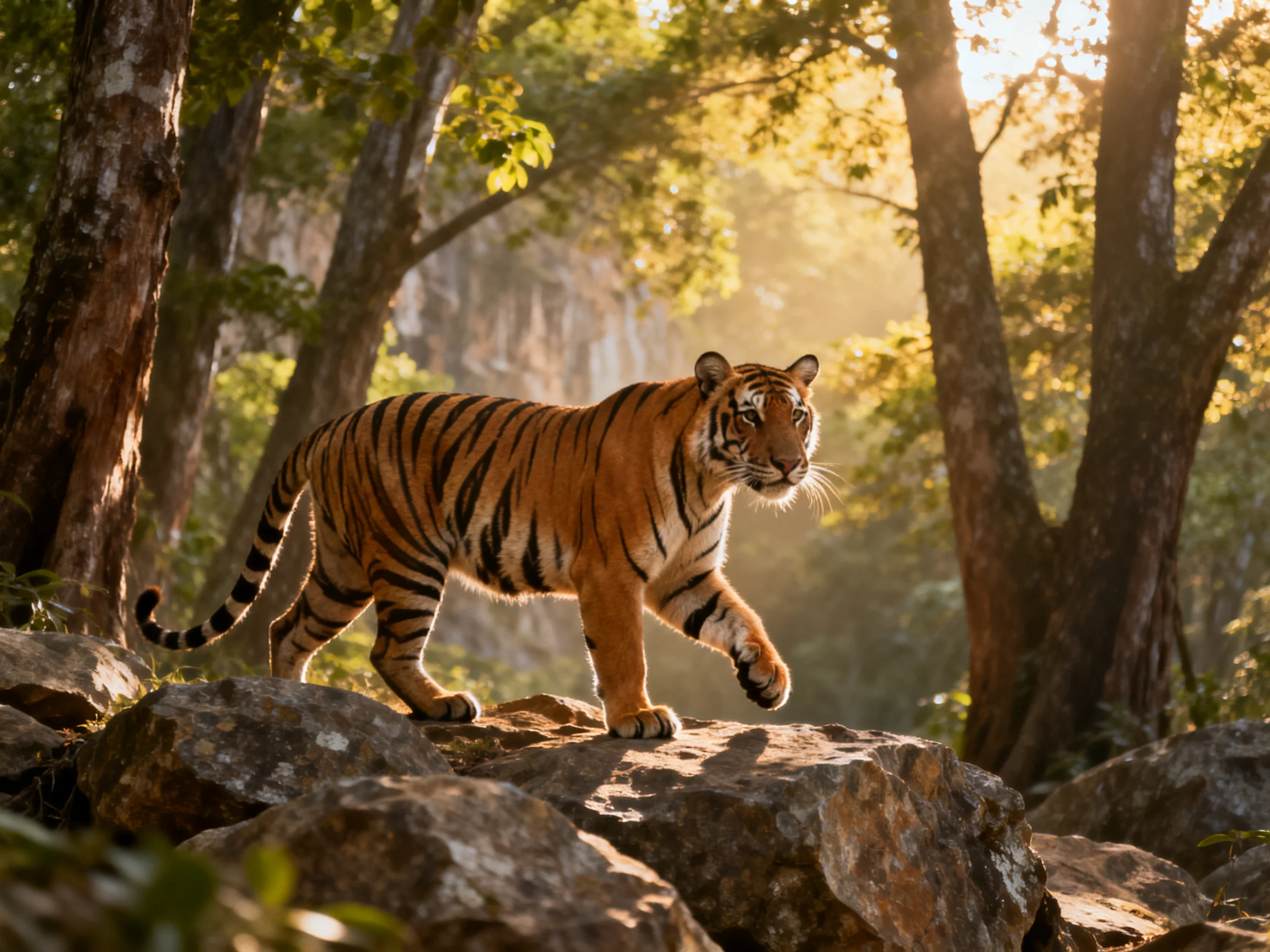 A tiger walks across rocks in a sunlit forest.