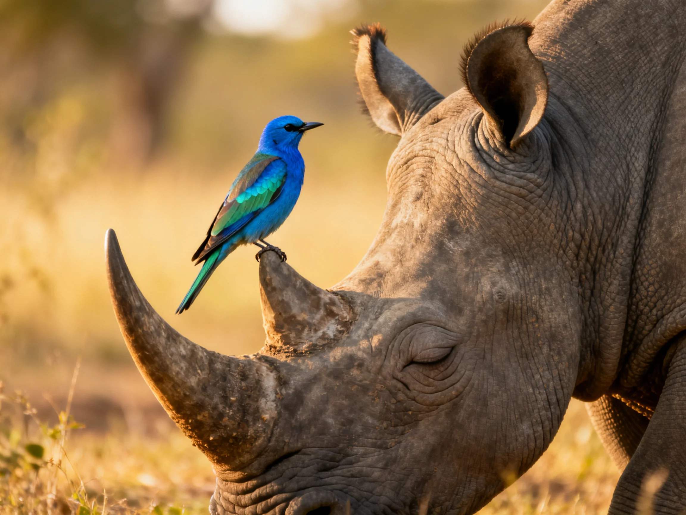 A bright blue bird rests on a rhino’s horn in a sunlit savannah environment.