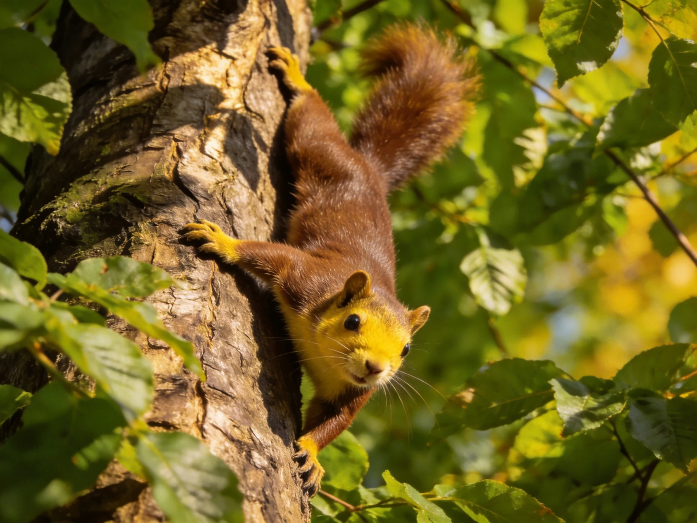 A vibrant brown squirrel climbs a textured tree trunk amid lush green foliage