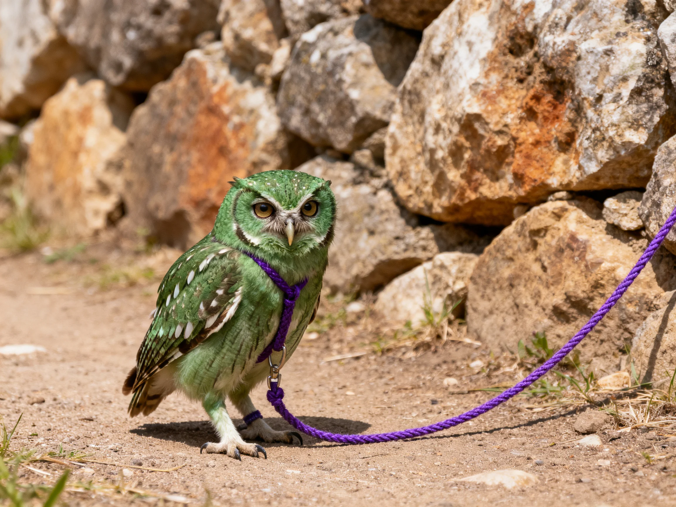 A small green owl with a purple harness stands near a stone wall.
