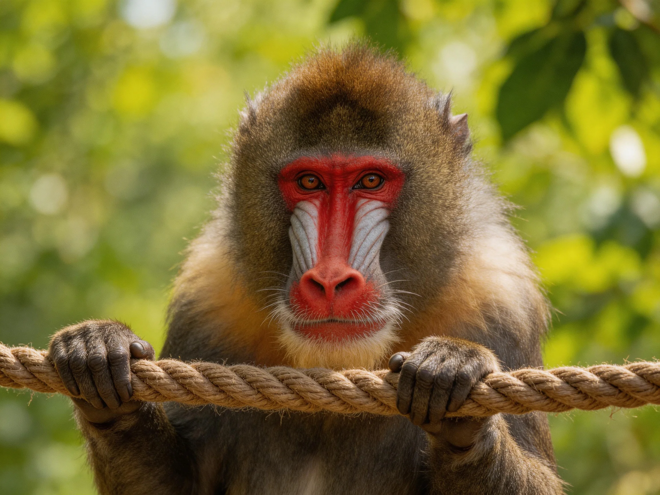 A vibrant mandrill monkey holds a thick rope in a sunlit, green environment.